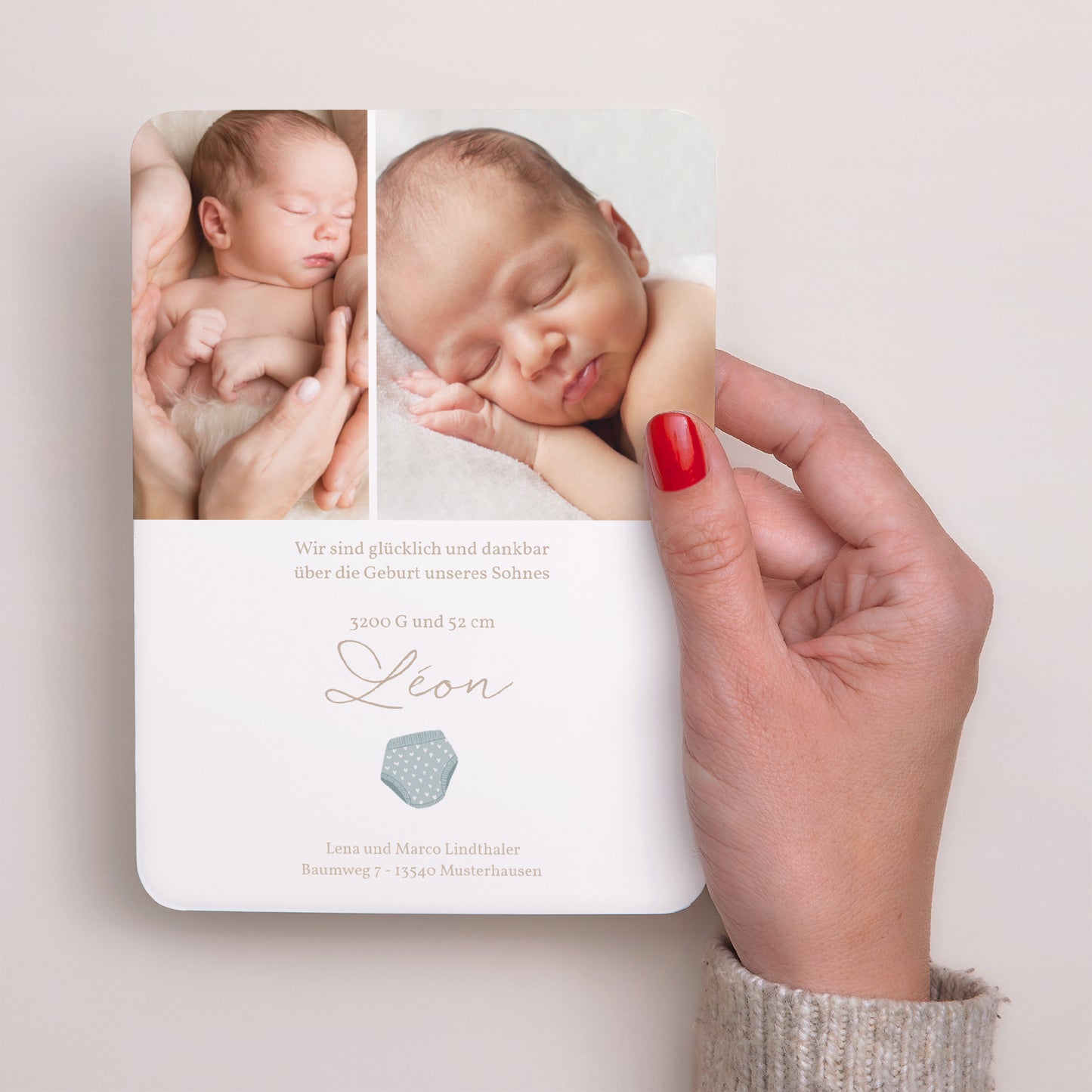 Geburtskarte Porträt, abgerundete Kanten Kleine Jungenkleidung auf der Wäscheleine foto N° 3