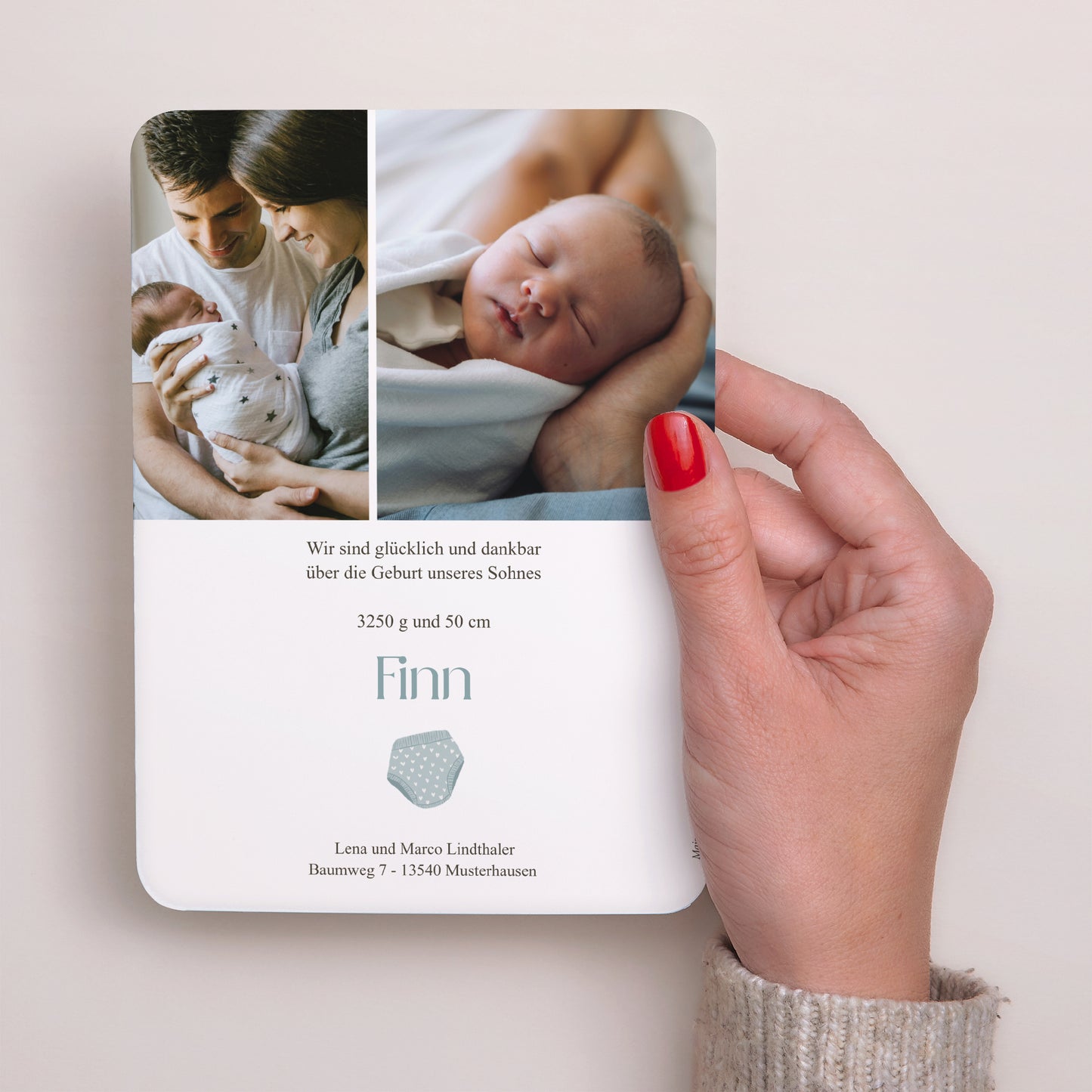 Geburtskarten Porträt, abgerundete Kanten Kleine Jungenkleidung auf der Wäscheleine foto N° 3