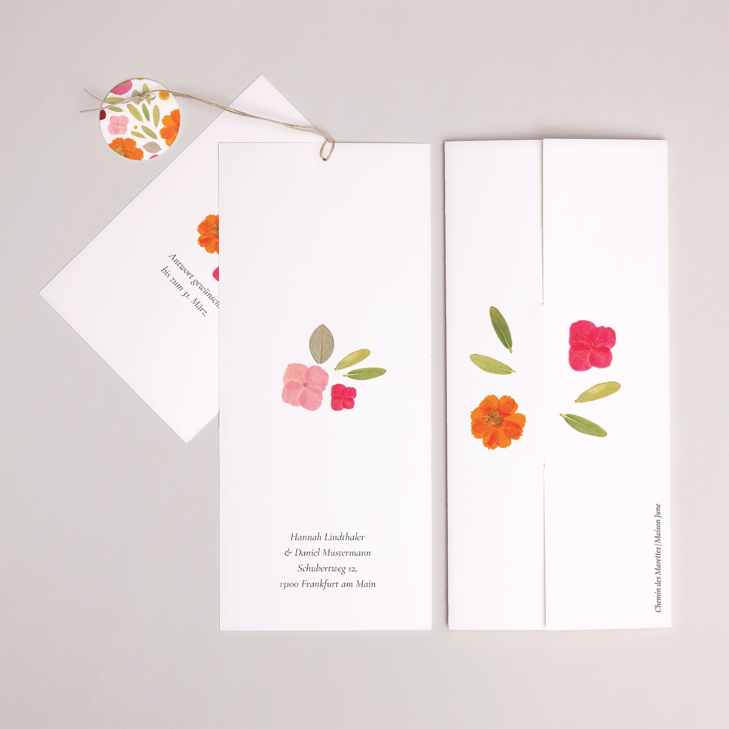 Hochzeitseinladung Portrait-Hülle 2 Karten, Etikett Herbarium-Blüten foto N° 4