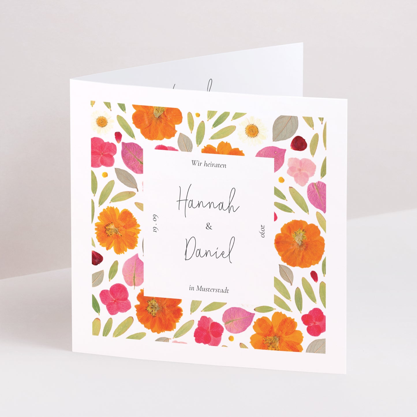 Einladungskarte Hochzeit Doppelflügiges Quadrat Herbarium-Blüten foto N° 1