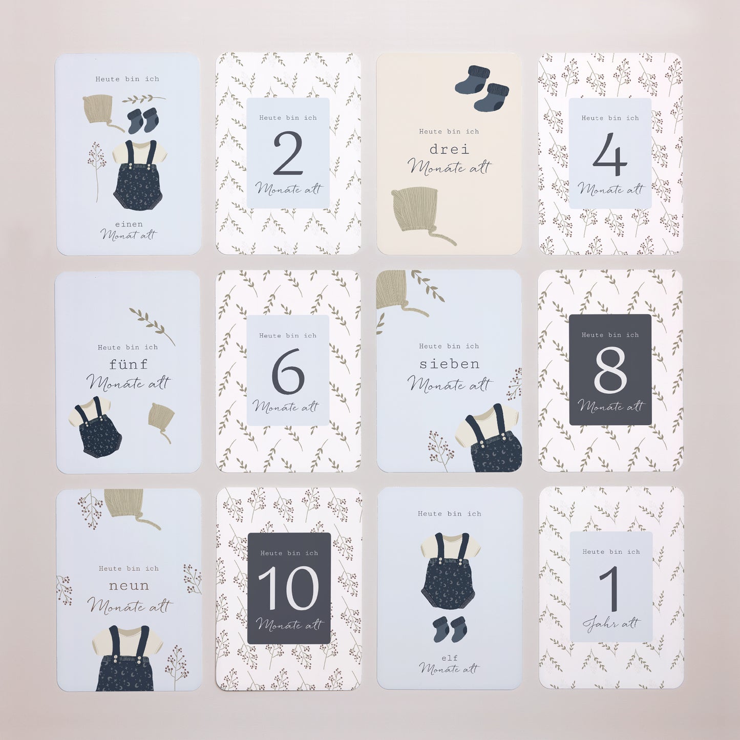 Meilenstein Karten Geburt 12er-Pack Garderobe für Jungen Hintergrund grau grün foto N° 4