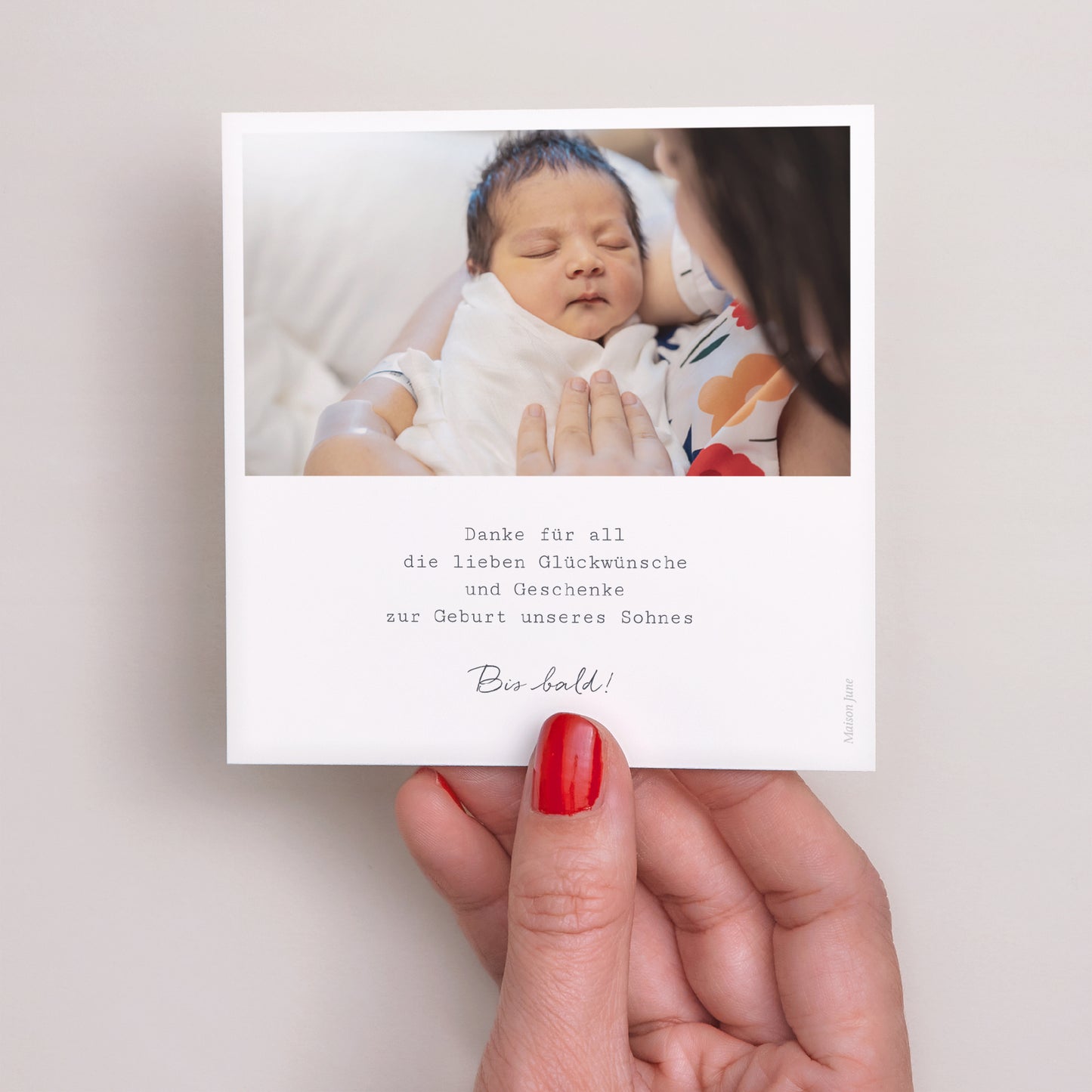 Dankeskarte Geburt Quadrat Garderobe für Jungen Hintergrund grau grün foto N° 3