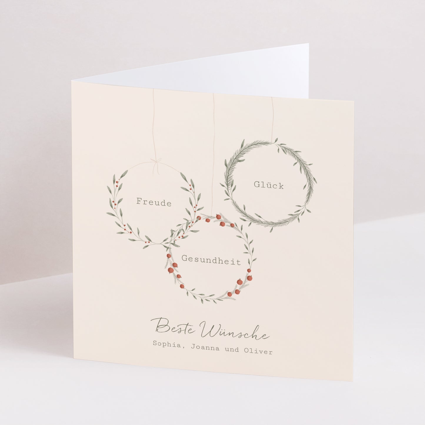 Weihnachtskarte Weihnachten Doppelflügiges Quadrat 3 Kränze Design foto N° 1