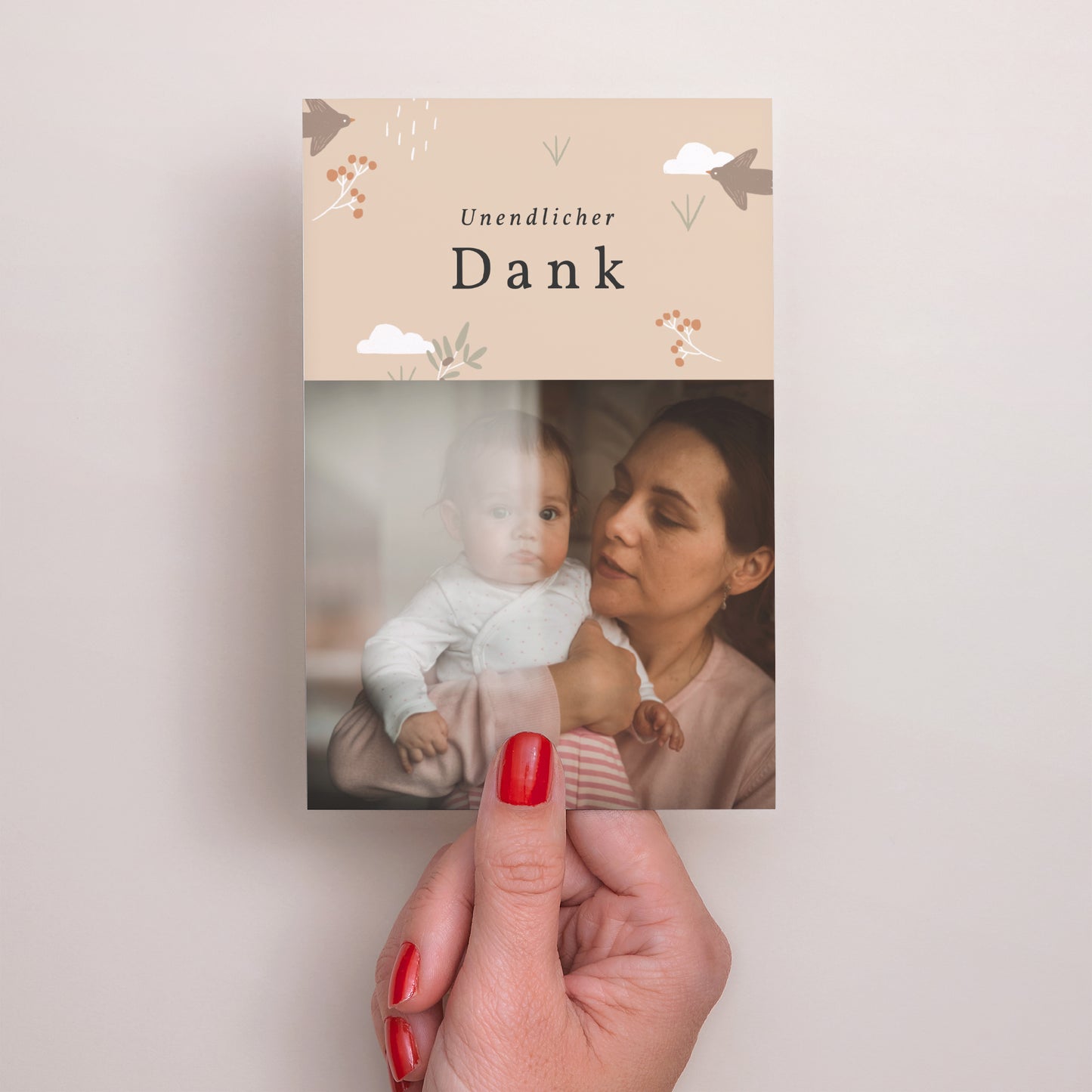 Dankeskarte Taufe PortraitPorträt Vogel, Wolken und Olivenzweig foto N° 2