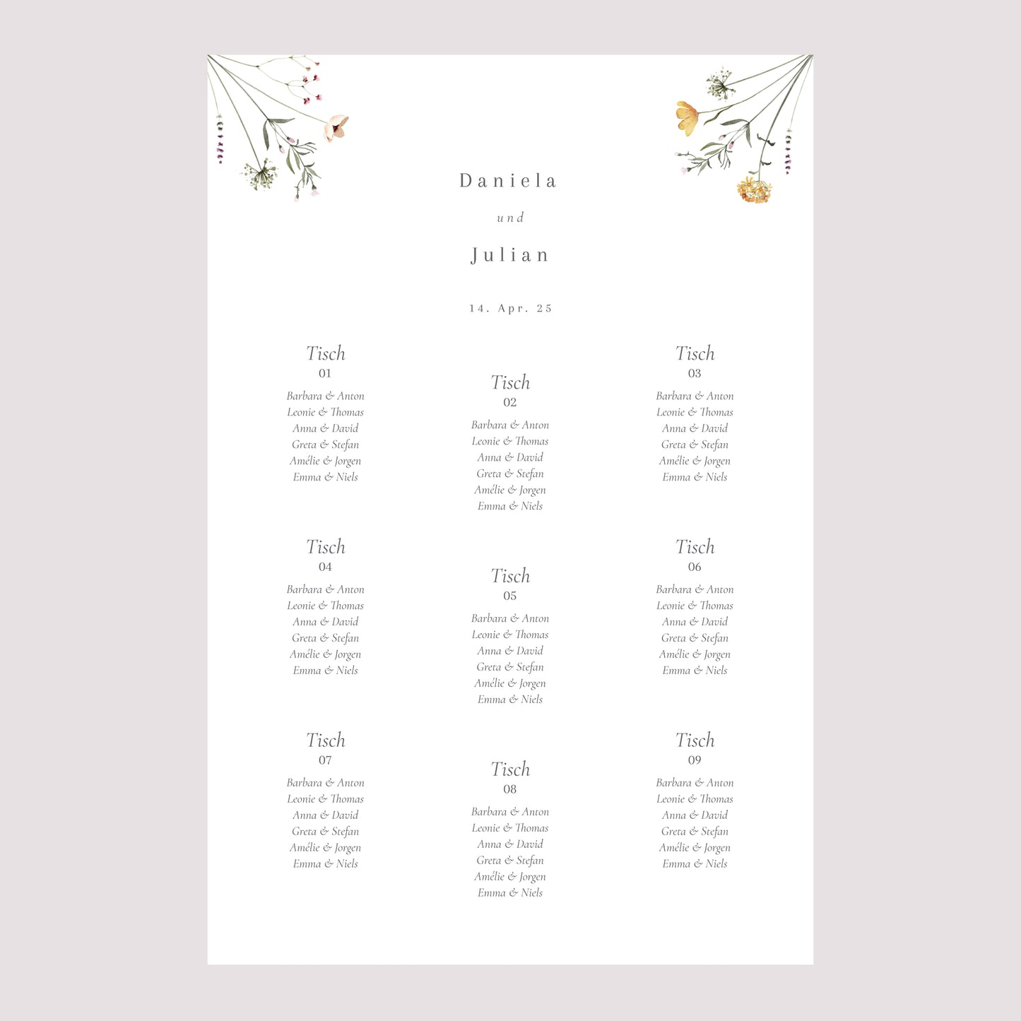 Sitzplan Hochzeit Porträt Krone kleine Blumen foto N° 2