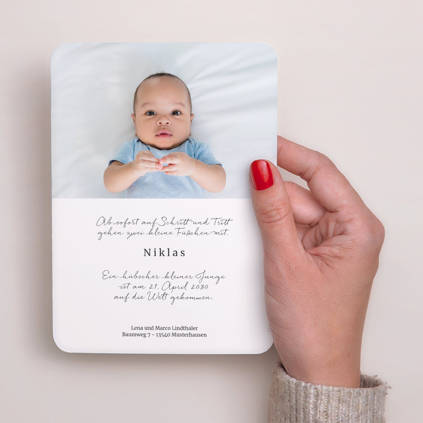 Geburtskarte Porträt, abgerundete Kanten Himmelblaue Streifen foto N° 3