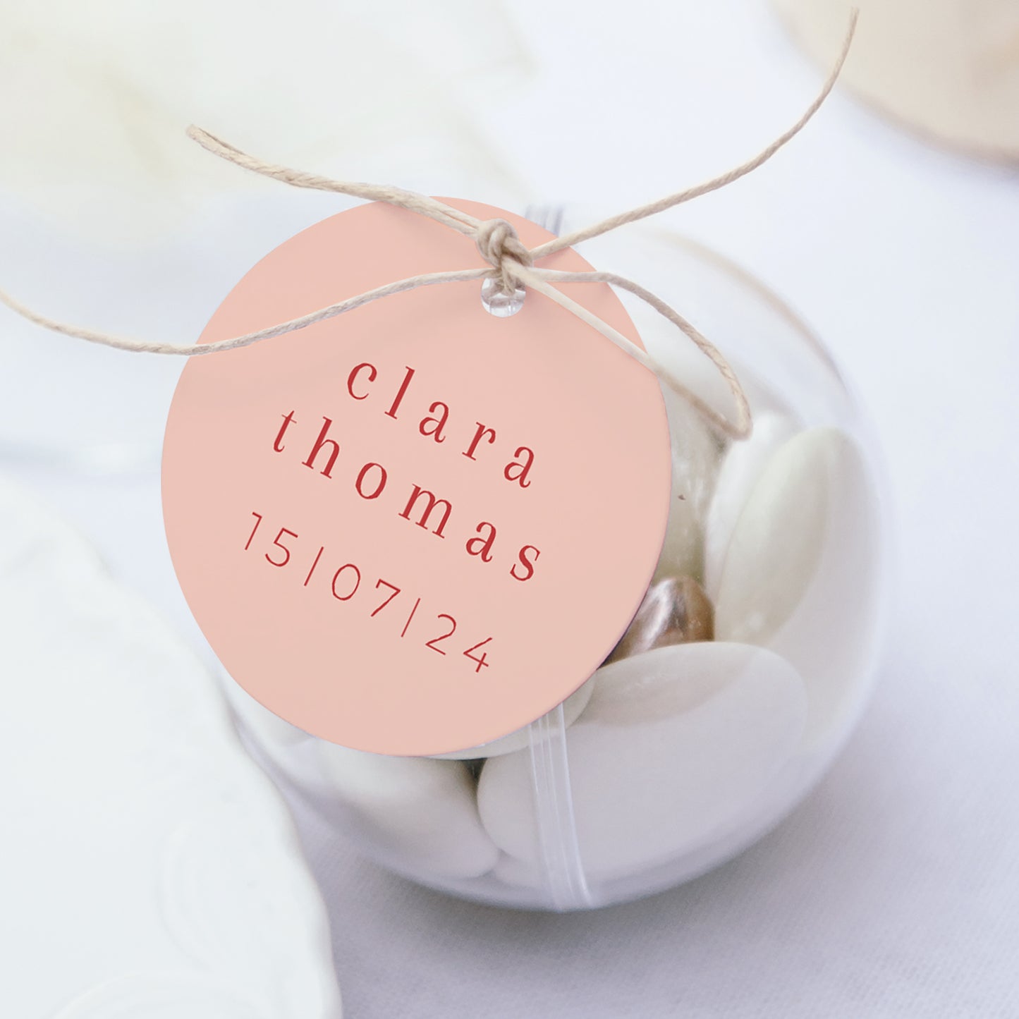 Geschenkbox Hochzeit Kugel mit runder Etikette Zitrusfrucht-Farben foto N° 1