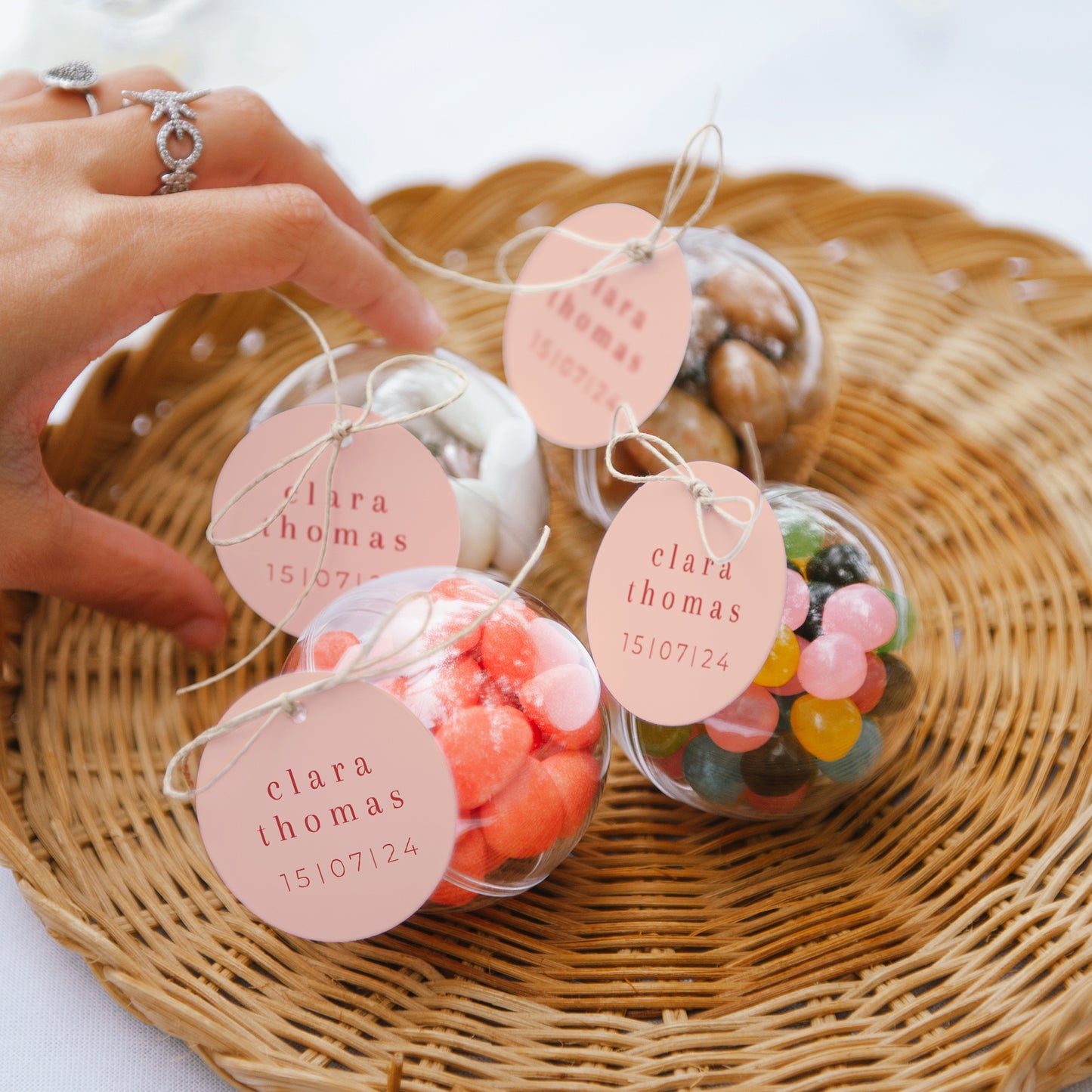 Geschenkbox Hochzeit Kugel mit runder Etikette Zitrusfrucht-Farben foto N° 2