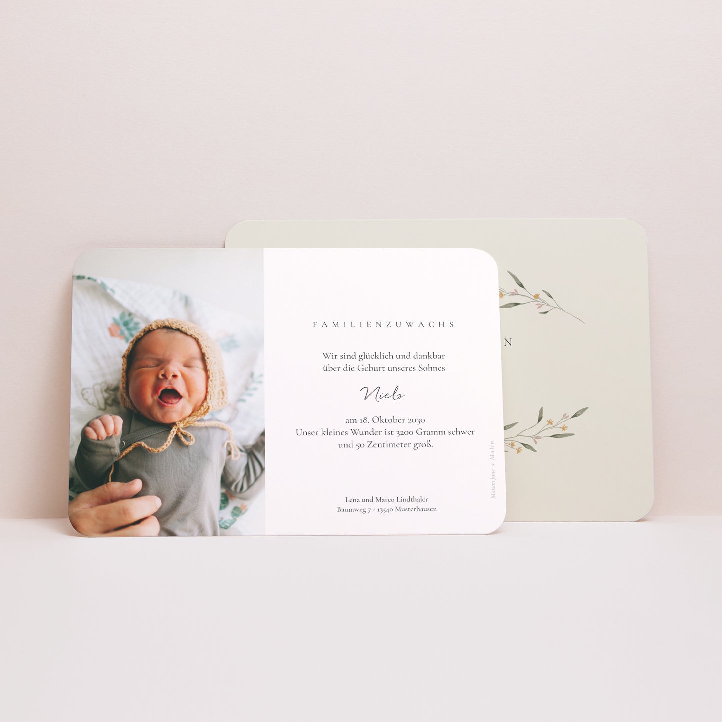 Geburtskarten Landschaft, abgerundete Ränder Blumendekor foto N° 3