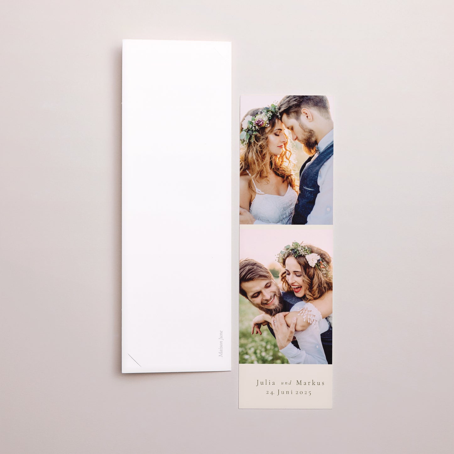 Dankeskarte Hochzeit Fotoautomaten Lesezeichen Pflanzlich, Goldene Splitter foto N° 3