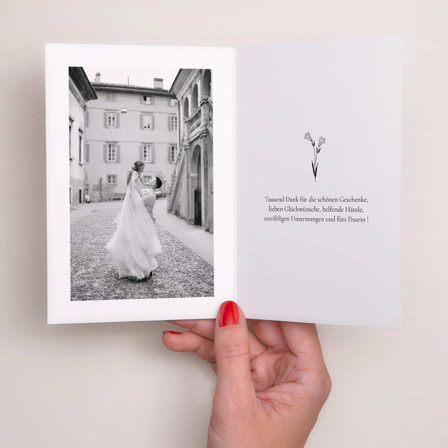 Dankeskarte Hochzeit Doppelter Porträtflügel Pflanzliche Harmonie foto N° 2