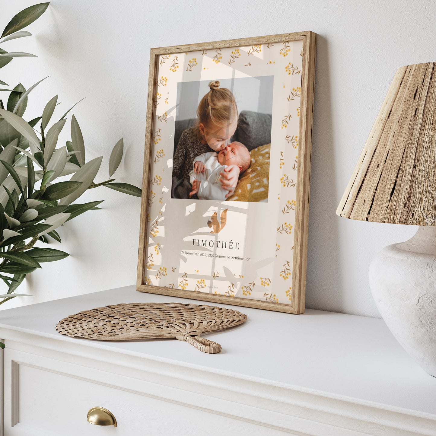 Poster Geburt Porträt Eichhörnchen, Blumenmuster foto N° 5