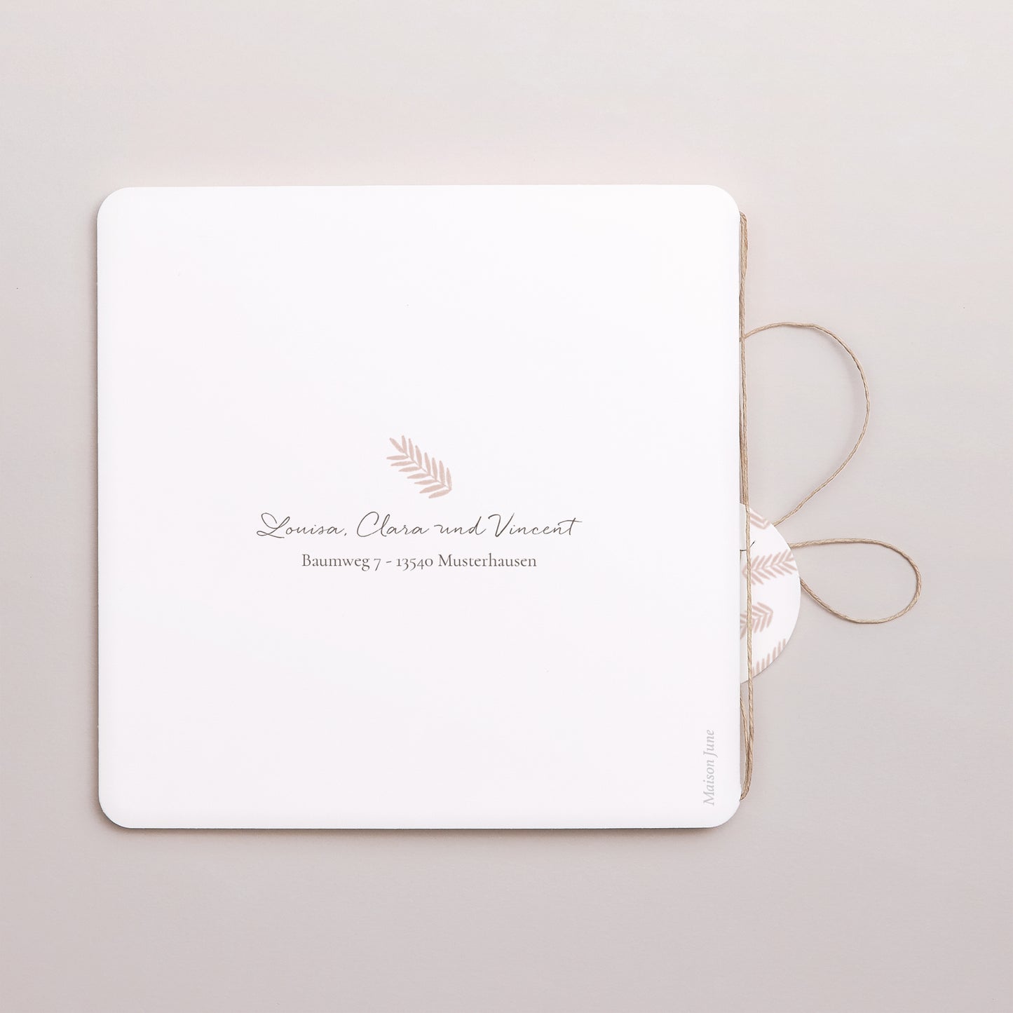 Geburtskarte Doppel-Quadrateinschlag, abgerundete Ecken, runde Etikette Body, rosafarbene Zweige foto N° 3