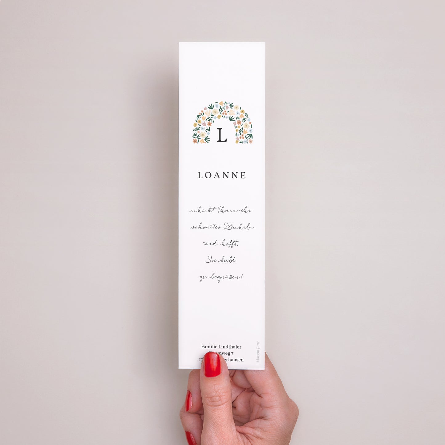 Dankeskarte Geburt Lesezeichen Blumenbogen Frühling foto N° 3