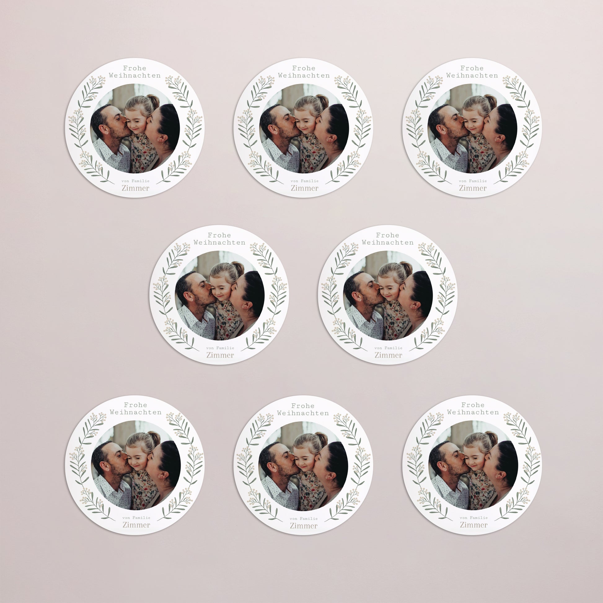 Weihnachtskarte Weihnachten Set von 8, magnetisch, rund, Ø 10 cm Flockenstrang und Kugel foto N° 3