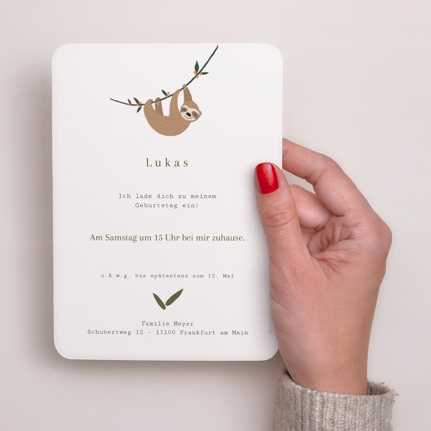 Einladungskarte Kindergeburtstag Porträt, abgerundete Kanten Faultier foto N° 3