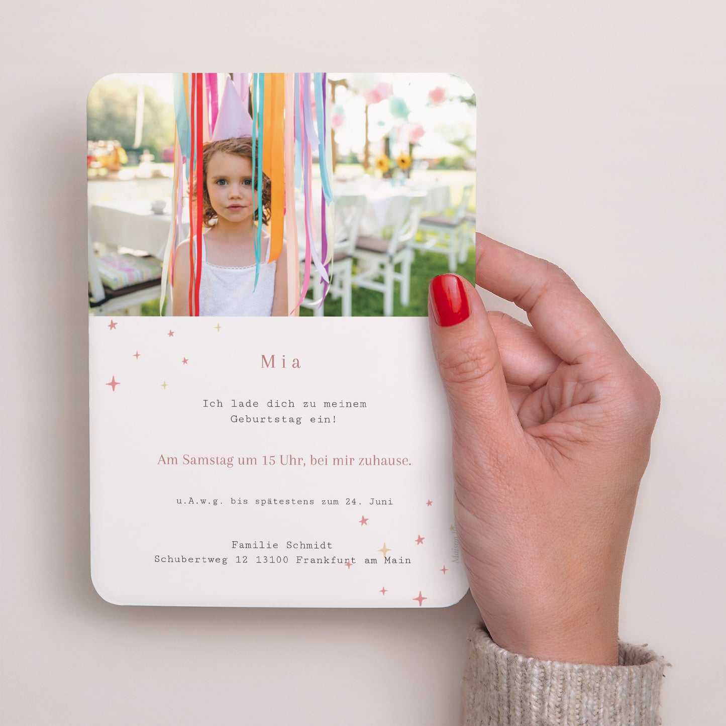 Einladungskarte Kindergeburtstag Porträt, abgerundete Kanten Prinzessin Regenbogen foto N° 3