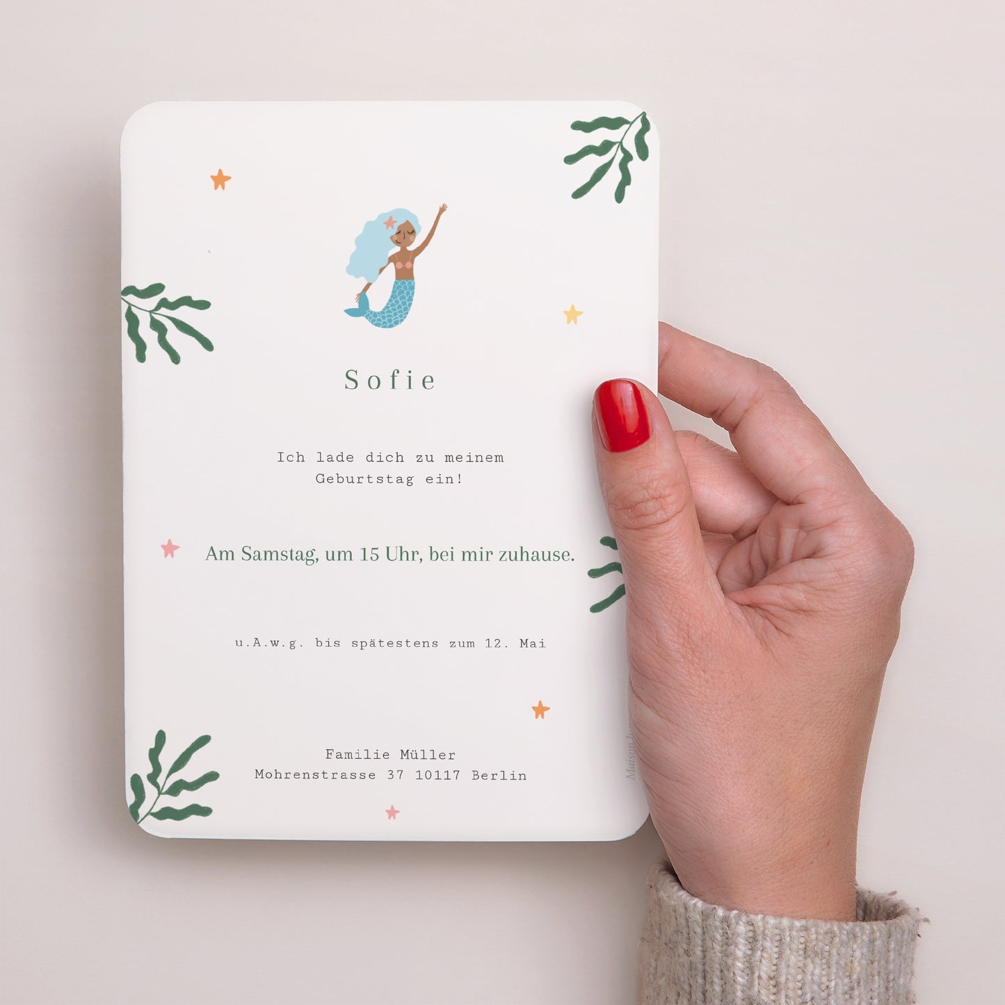 Einladungskarte Kindergeburtstag Porträt, abgerundete Kanten Hübsche Meerjungfrau foto N° 3