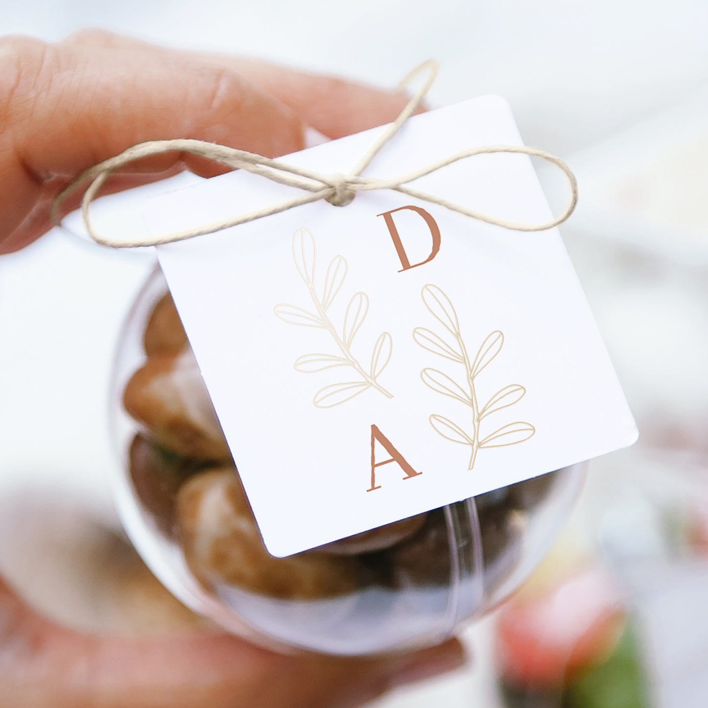 Geschenkbox Hochzeit Kugel mit quadratischem Etikett Vegetal Koralle foto N° 1