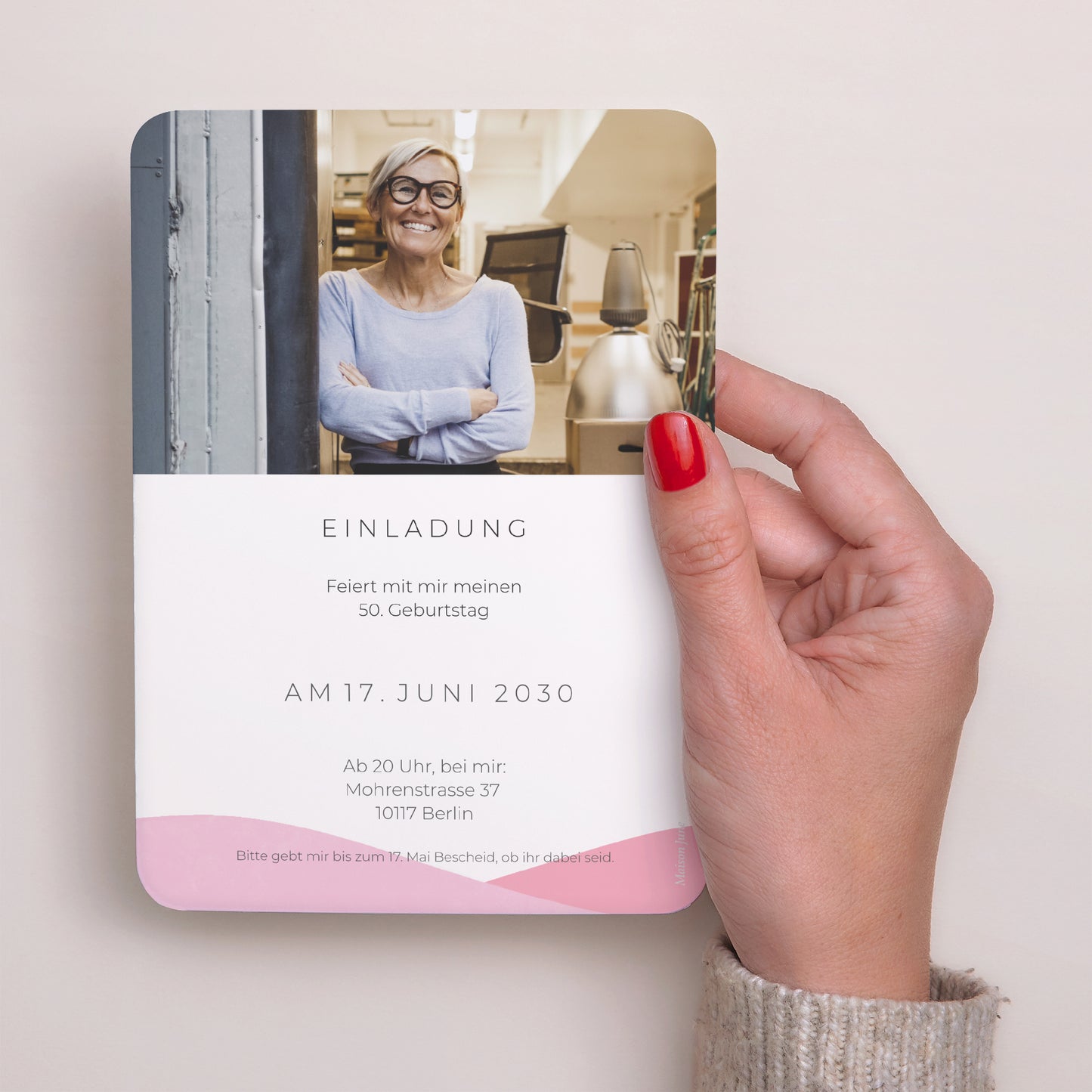 Einladungskarte Geburtstag Porträt, abgerundete Kanten Camaïeu Rosa, 50 Jahre foto N° 3