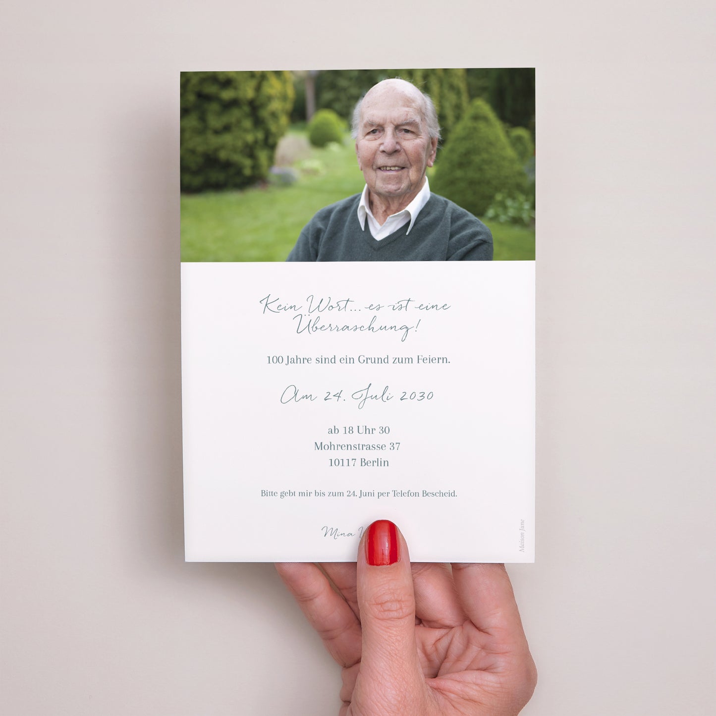 Einladungskarte Geburtstag Aquarellblau, 100 Jahre Mann foto N° 3