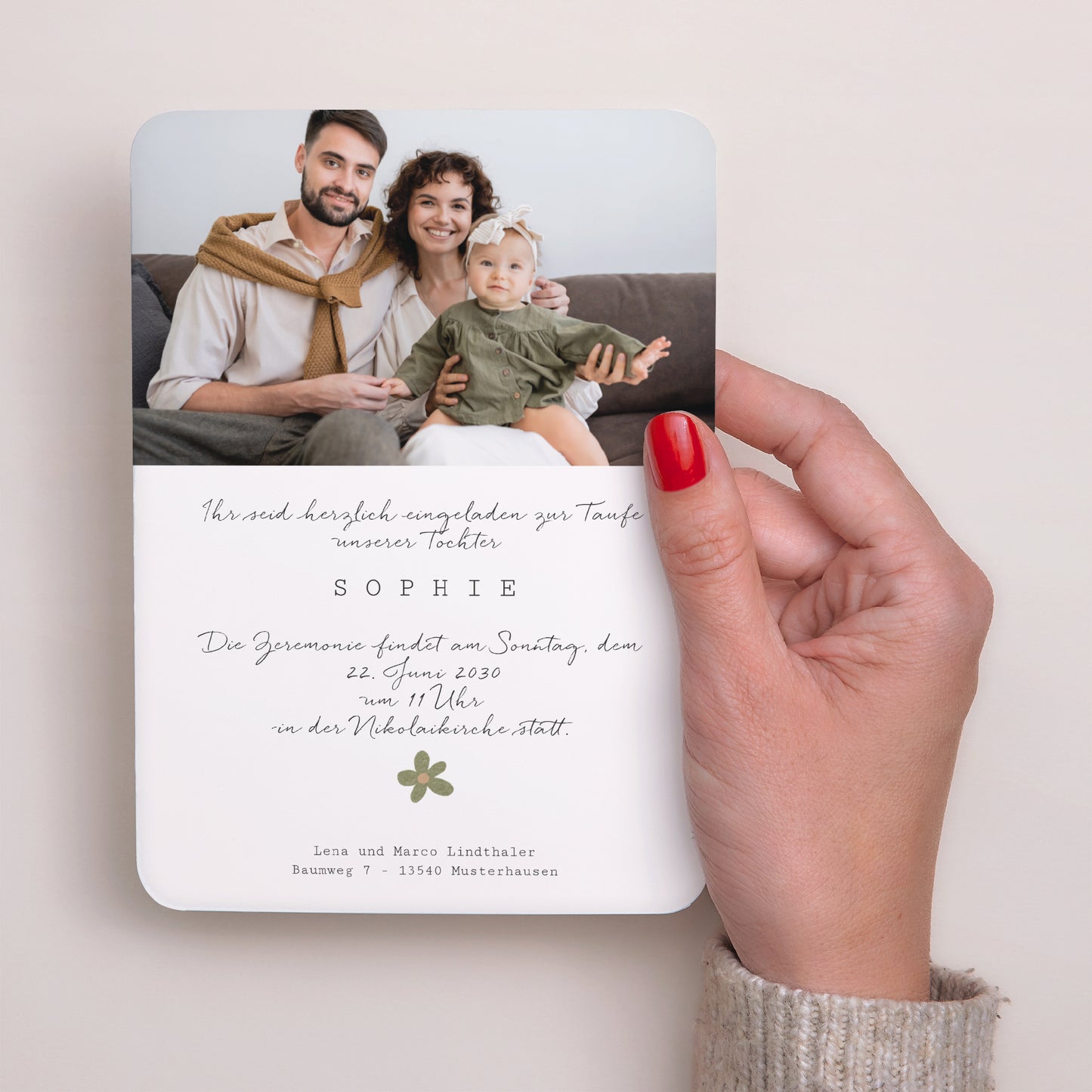 Taufeinladung Porträt, abgerundete Kanten Blumenkreuz foto N° 3