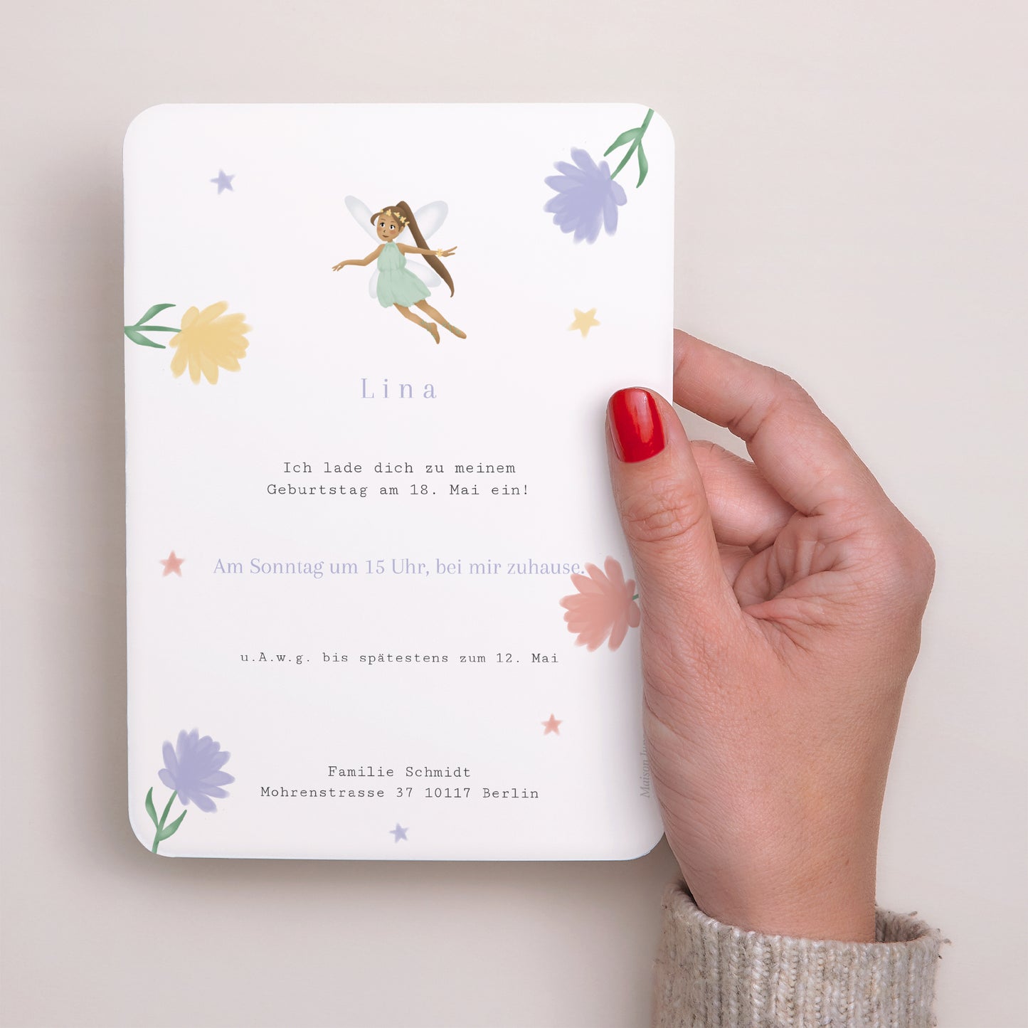 Einladungskarte Kindergeburtstag Porträt, abgerundete Kanten Hübsche Fee foto N° 3
