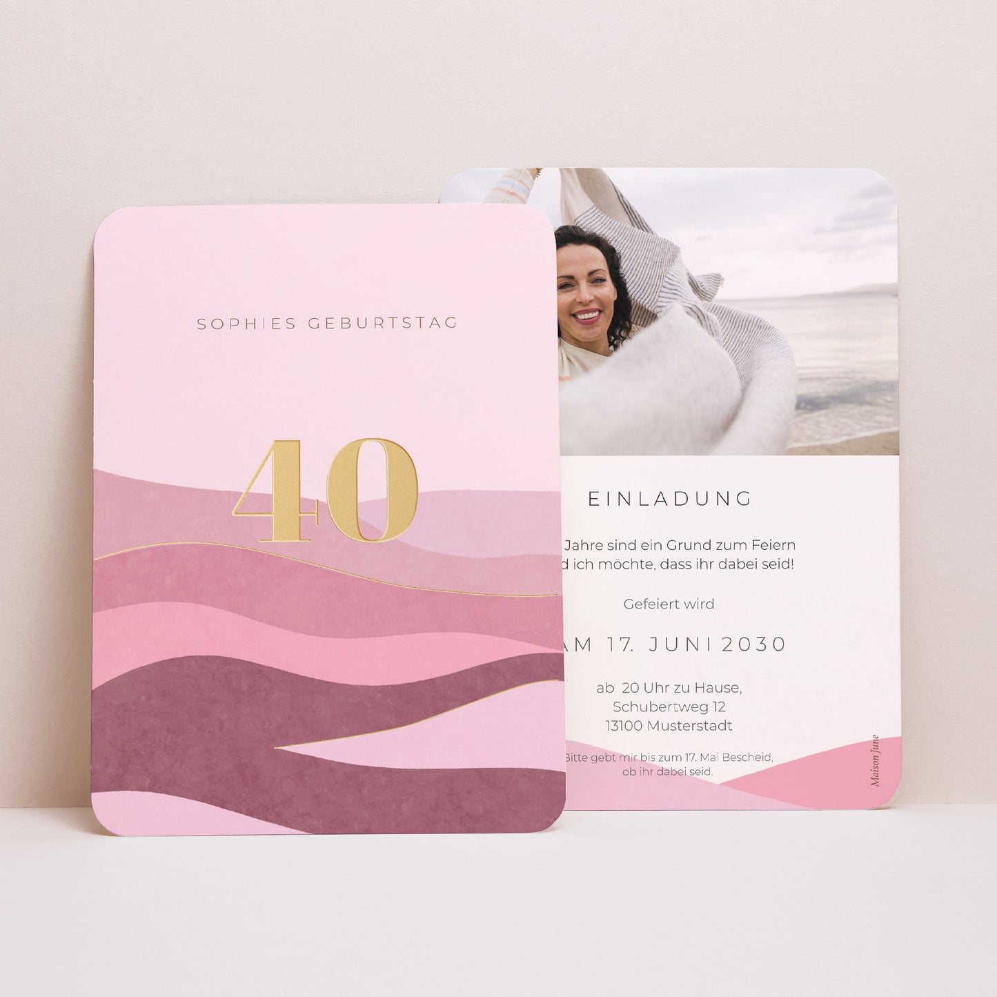 Beilegekarte Geburtstag Erwachsener Porträt, abgerundete Kanten 40 Jahre, Camaïeu rosa foto N° 1