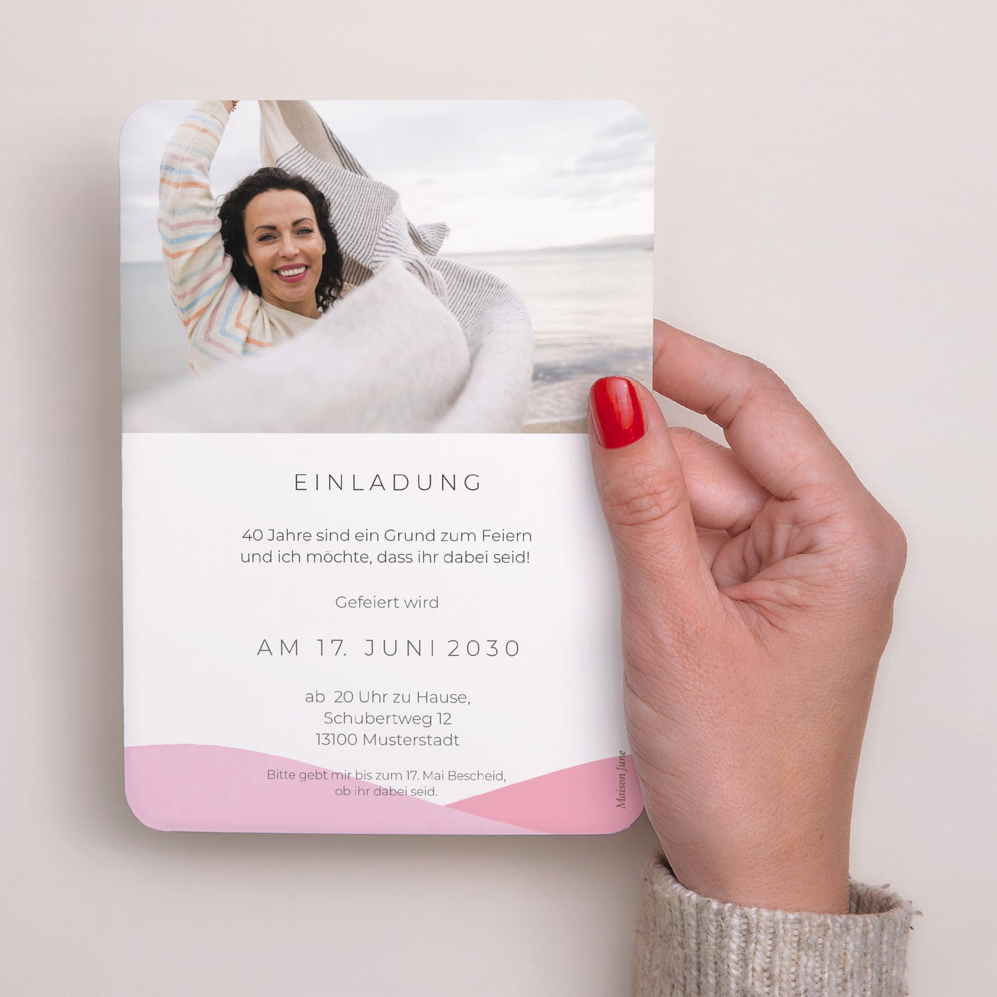 Beilegekarte Geburtstag Erwachsener Porträt, abgerundete Kanten 40 Jahre, Camaïeu rosa foto N° 3