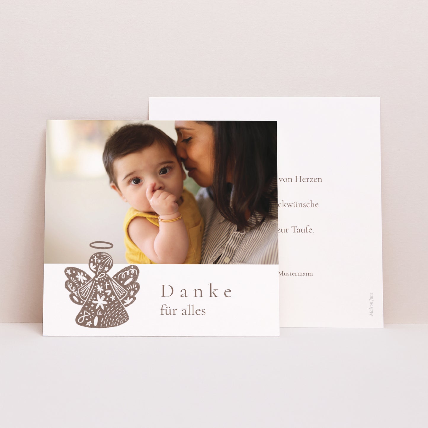 Dankeskarte Taufe Quadrat Angelot und Rosenkranz foto N° 1