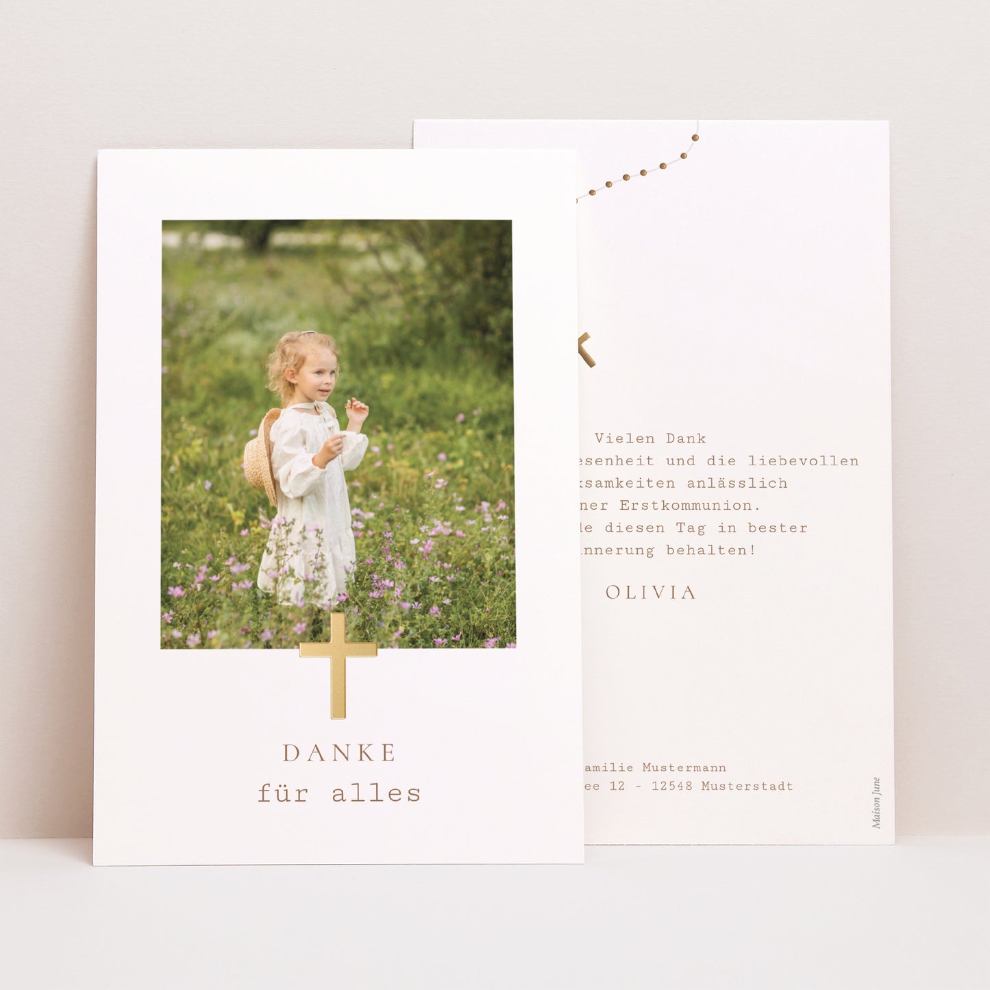 Dankeskarte Konfirmation PortraitPorträt Goldener Rosenkranz foto N° 1