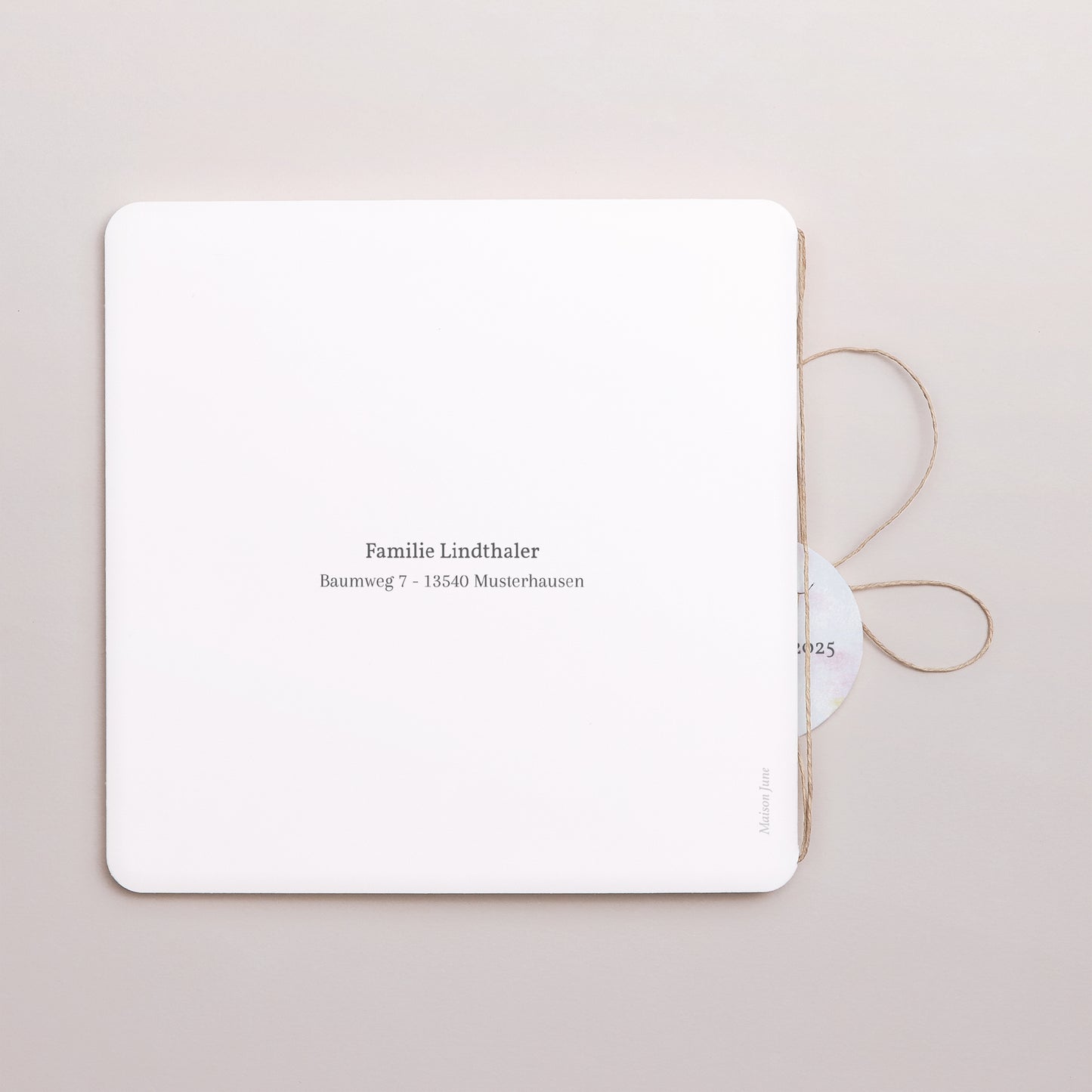 Geburtskarte Doppel-Quadrateinschlag, abgerundete Ecken, runde Etikette Blick aus dem Garten foto N° 3