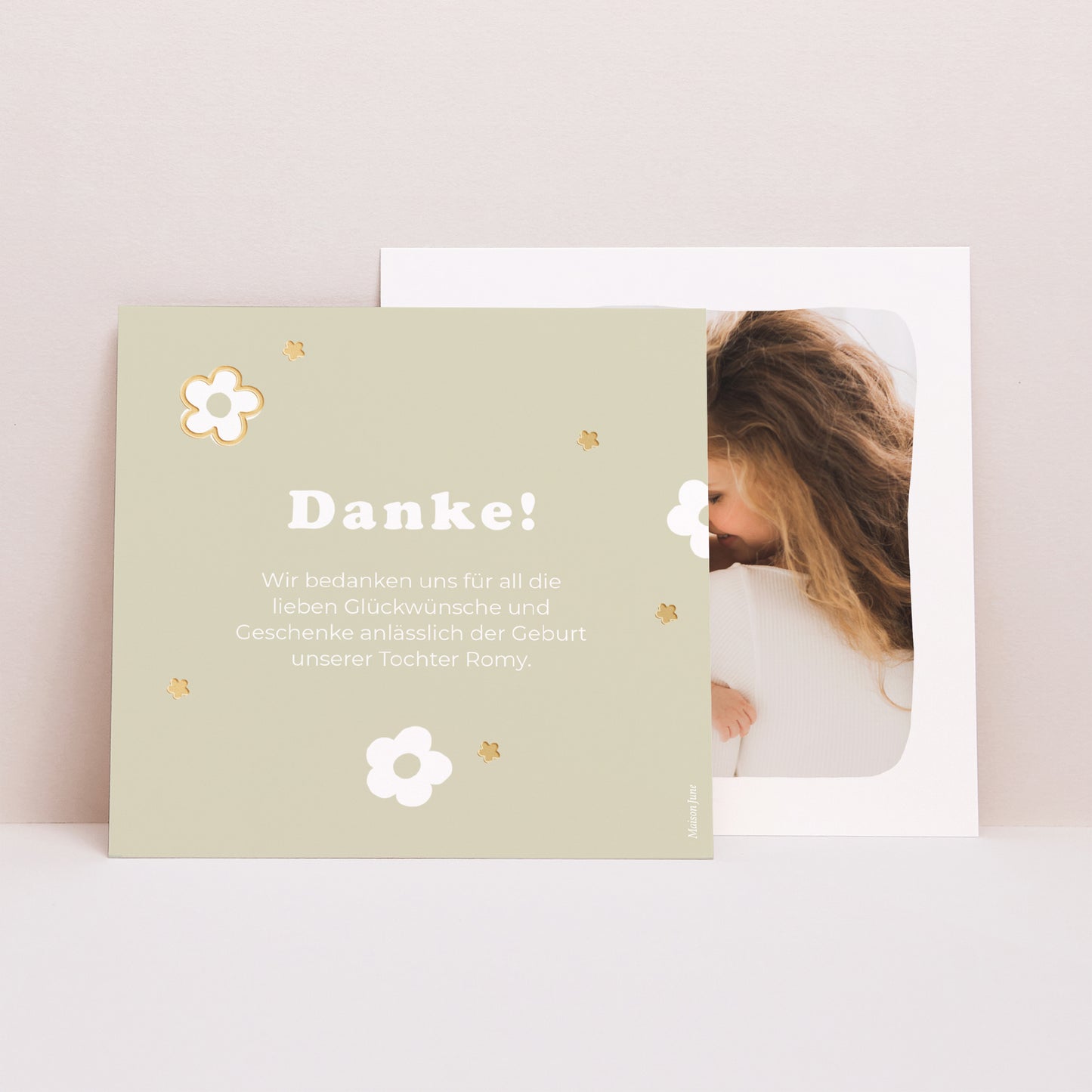 Dankeskarte Geburt Quadrat Blumenmuster Vergoldung foto N° 1