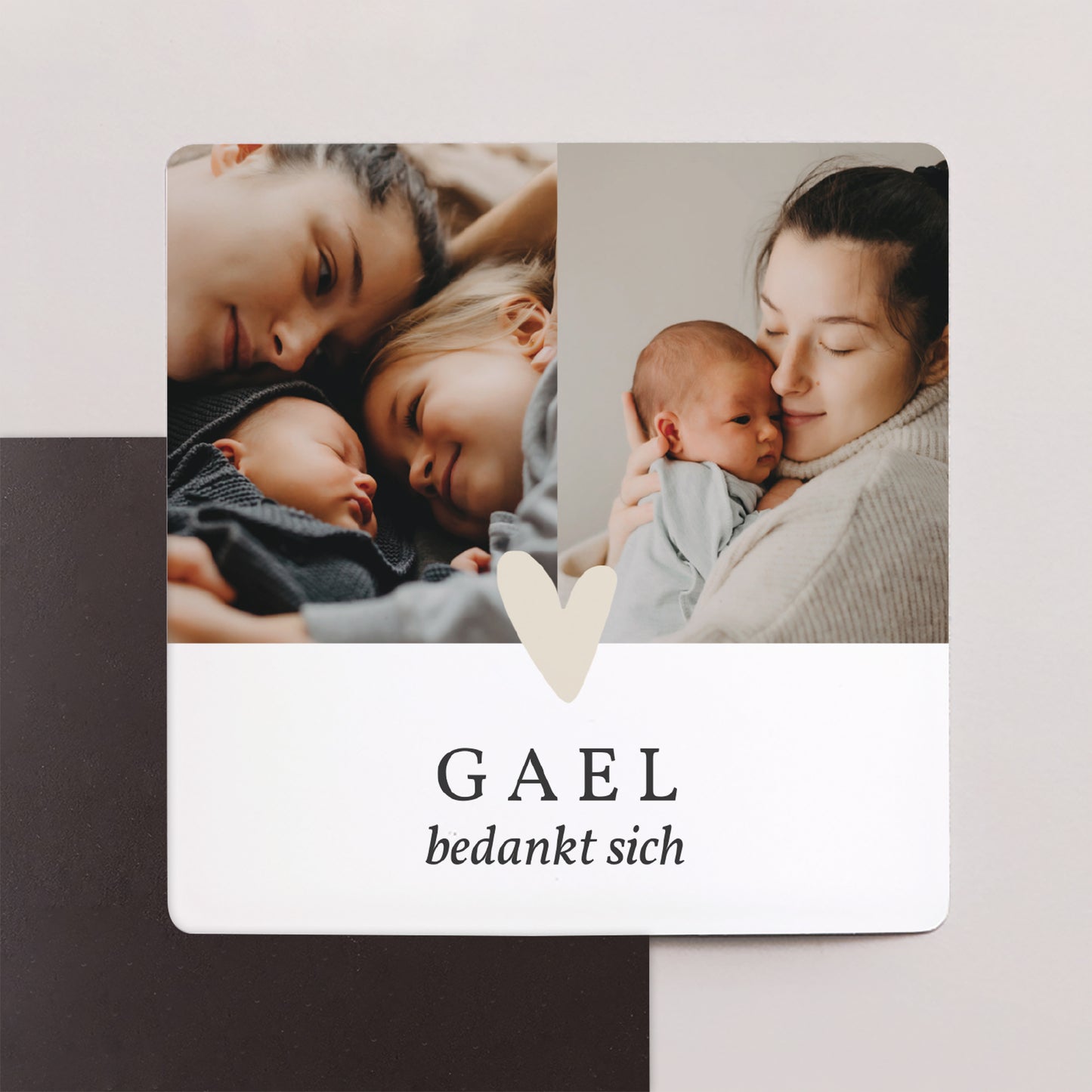 Dankeskarte Geburt Satz von 9, magnetisch. Herz Goldverzierung Mehrfachfotos foto N° 1