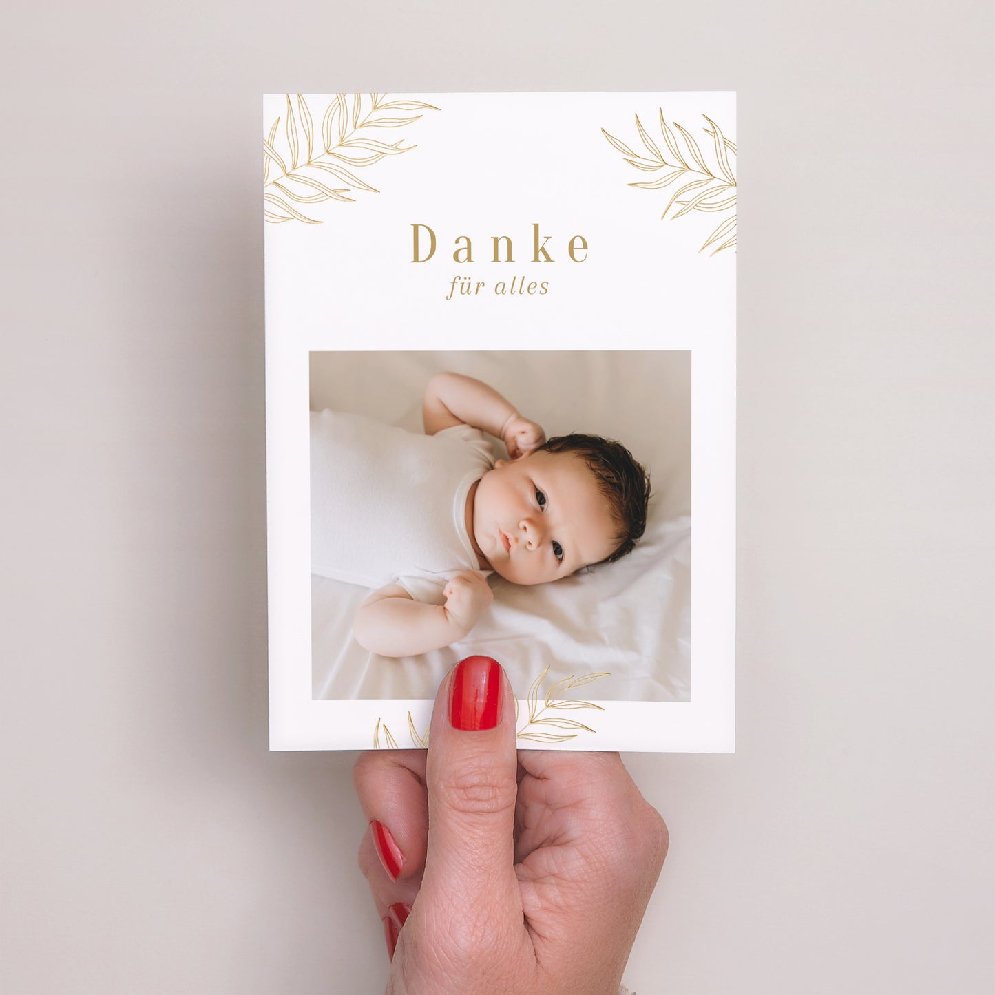 Dankeskarte Geburt Porträt Palmen des Goldes foto N° 2