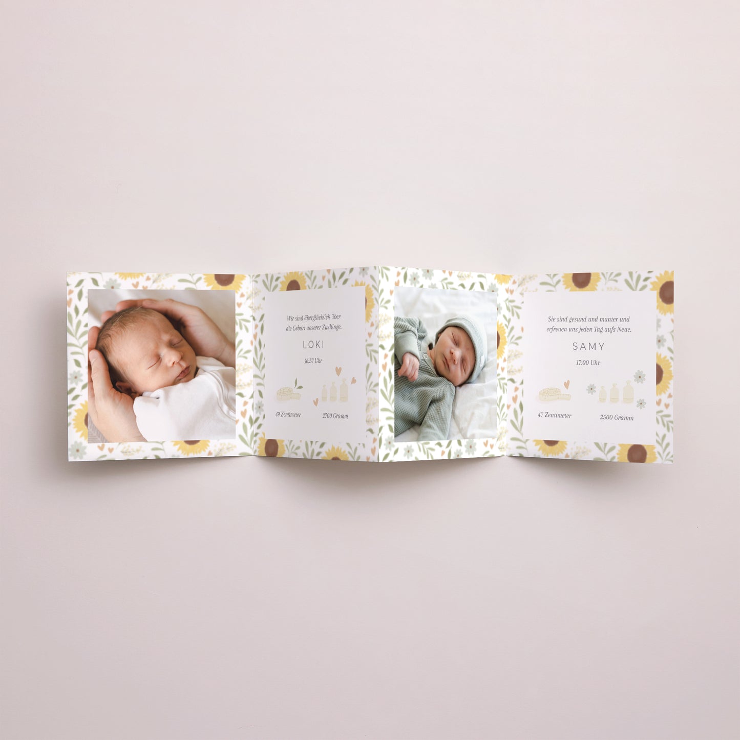 Geburtskarten Akkordeon Liberty-Motiv Sonnenblume Zwillinge foto N° 3