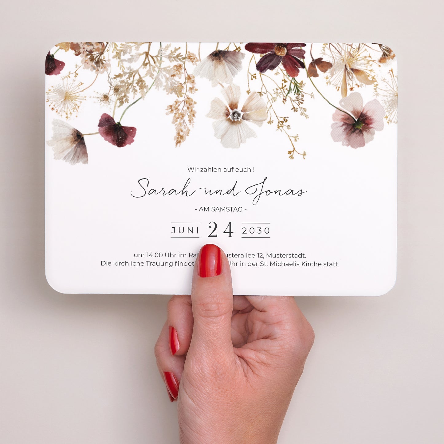 Hochzeitseinladung Landschaft, abgerundete Ränder getrocknete Wiesenblumen foto N° 3