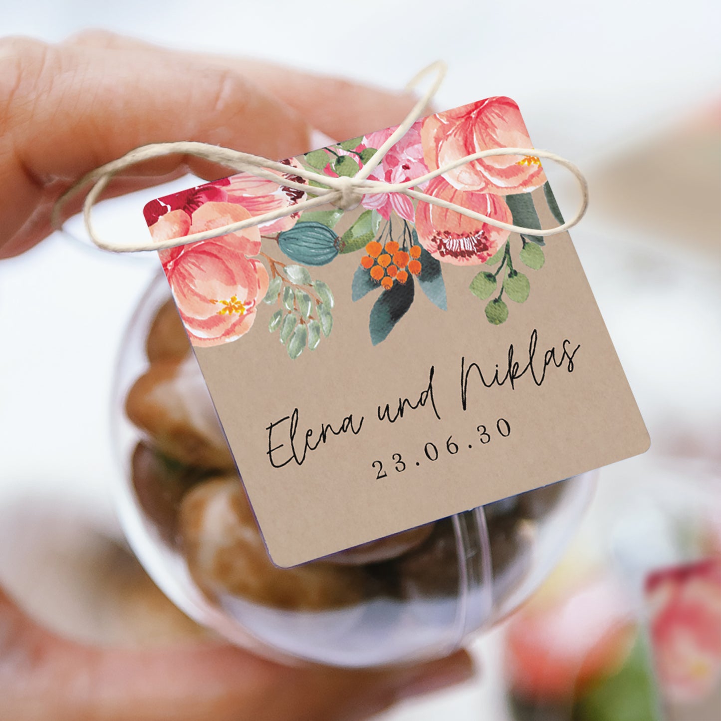 Geschenkbox Hochzeit Kugel mit quadratischem Etikett Pops Blumen foto N° 1