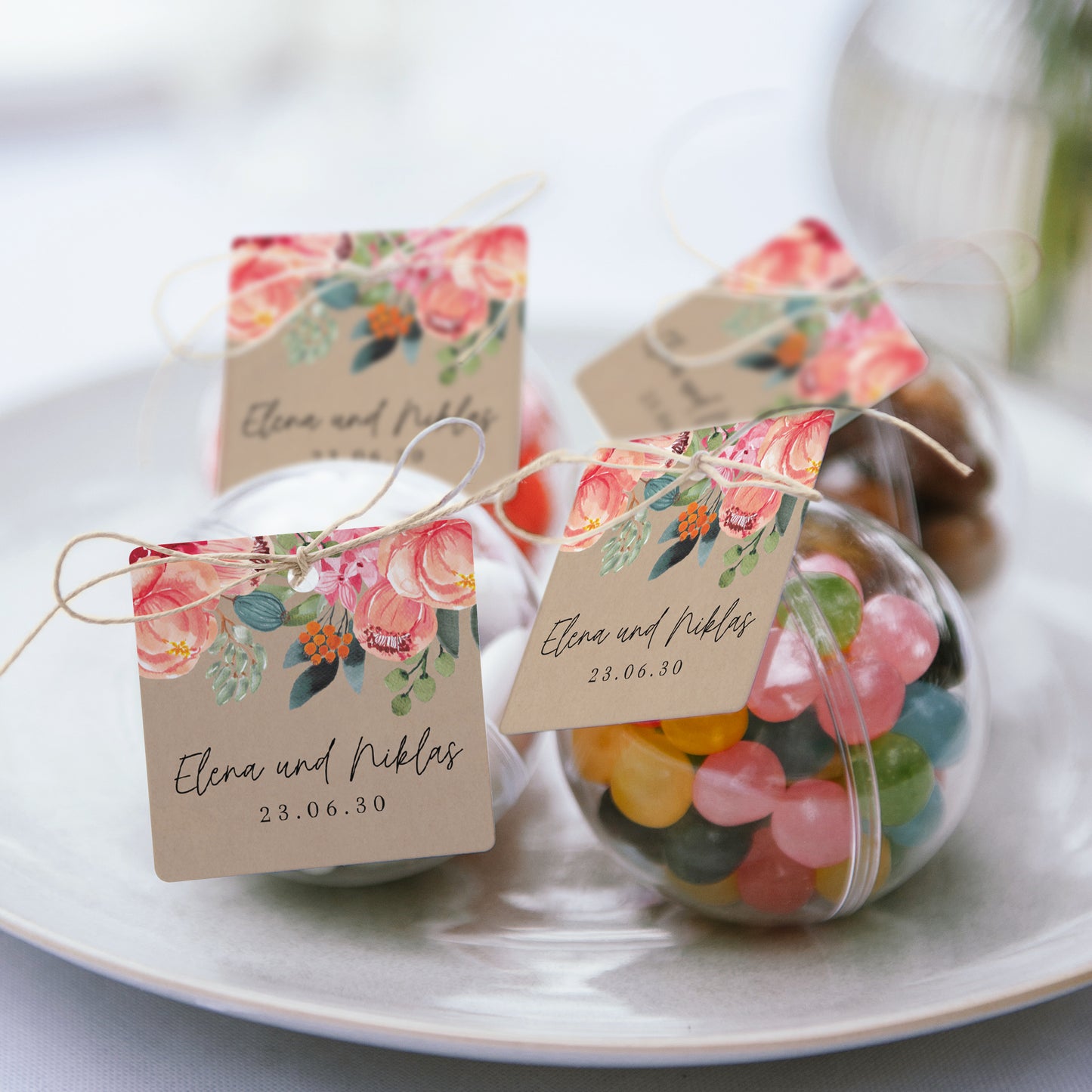 Geschenkbox Hochzeit Kugel mit quadratischem Etikett Pops Blumen foto N° 2