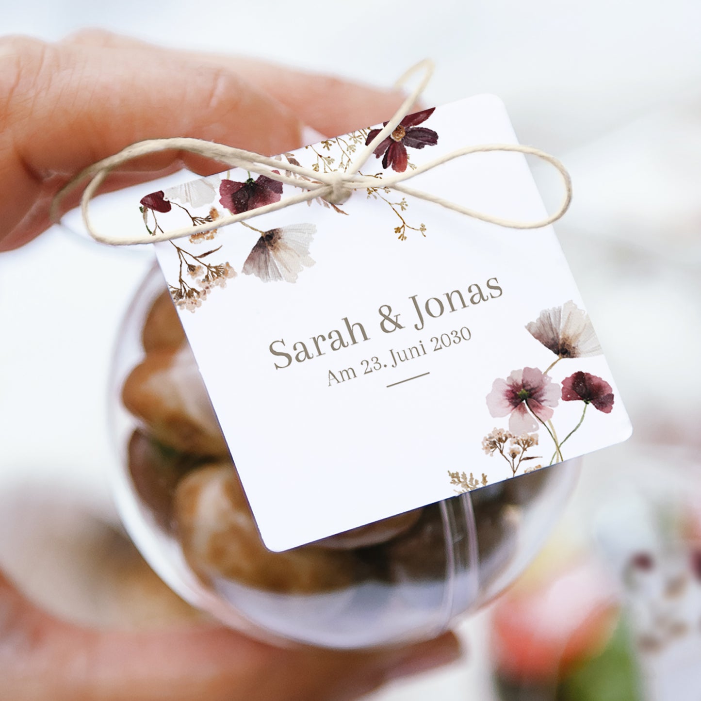Geschenkbox Hochzeit Kugel mit quadratischem Etikett Getrocknete Wiesenblumen II foto N° 1