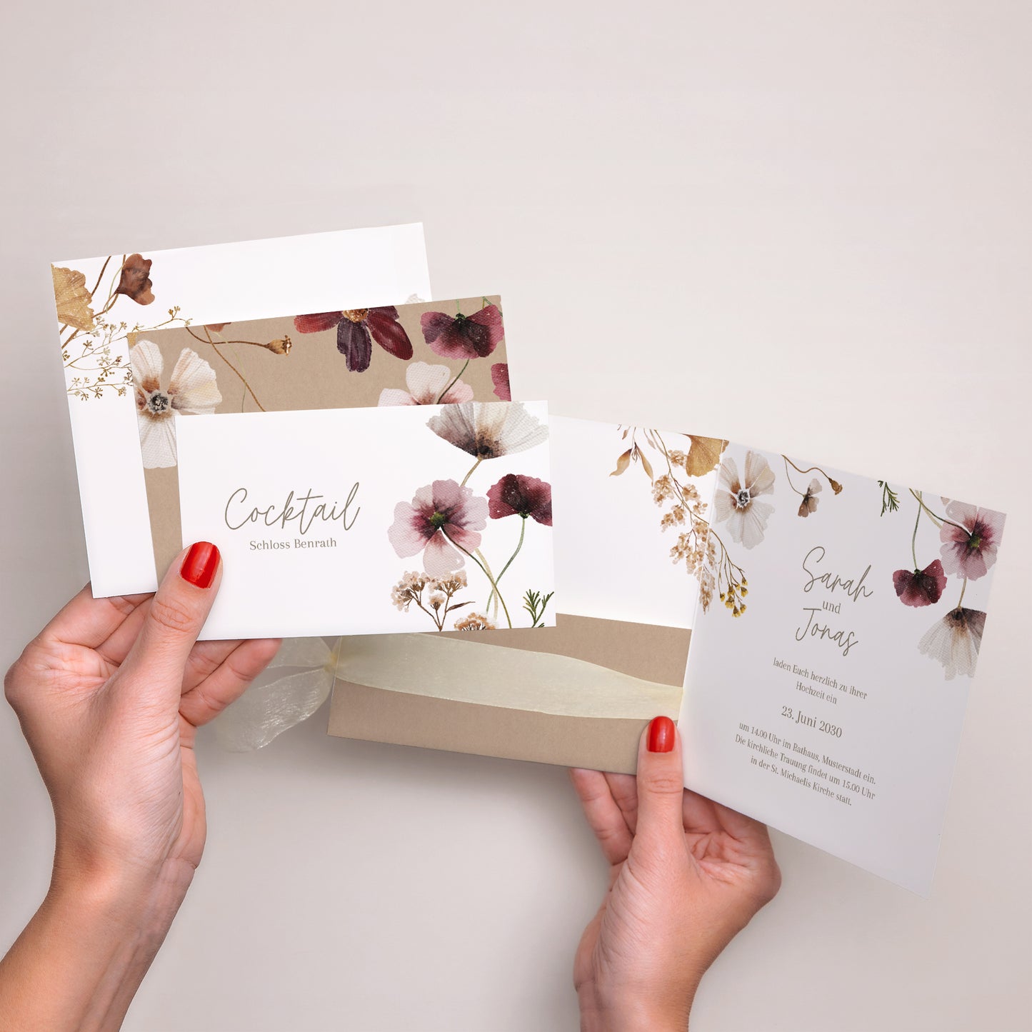 Hochzeitseinladung Quadratische Hülle, 3 Karten, Etikett Getrocknete Wiesenblumen II foto N° 3