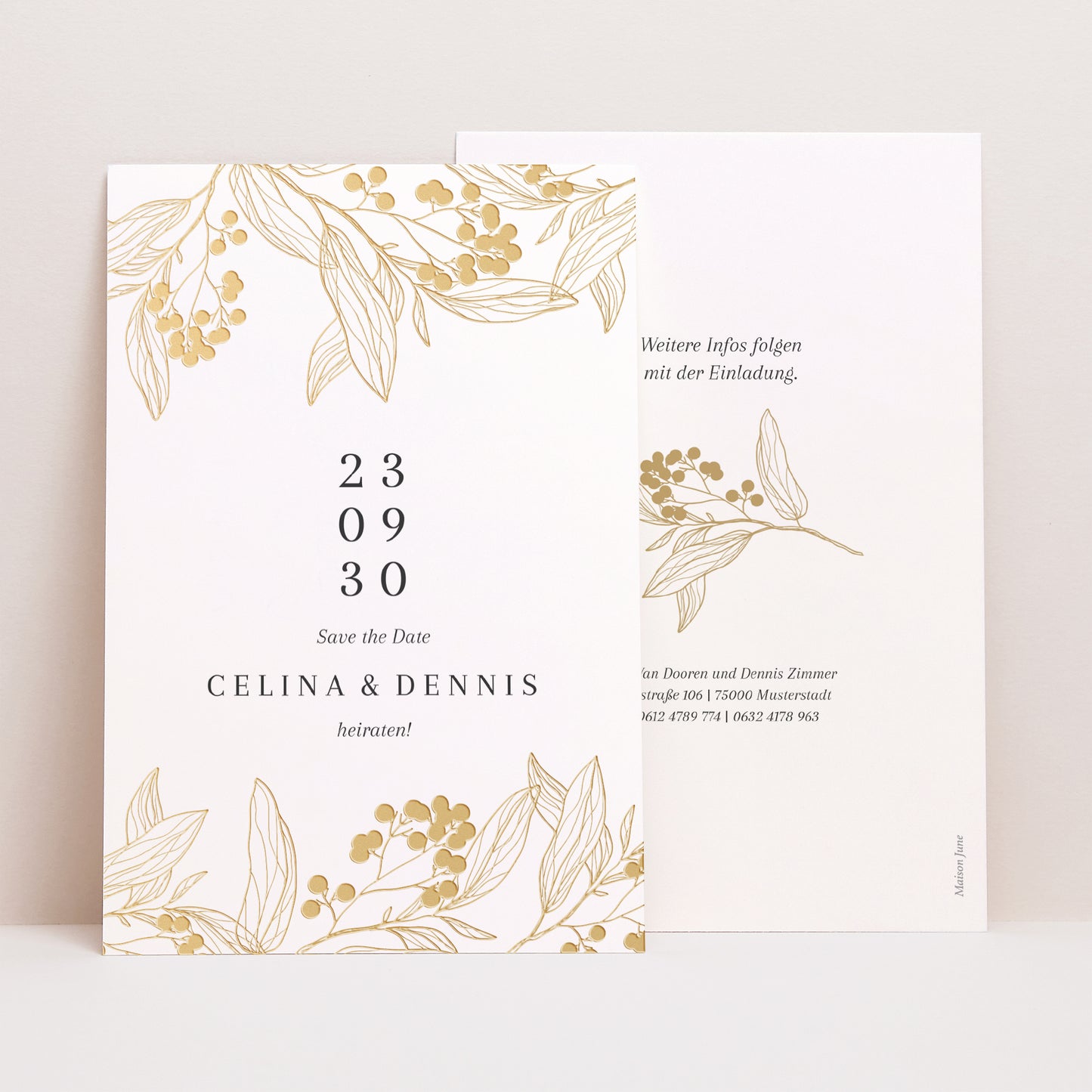 Save the date Karte Hochzeit PortraitPorträt Goldene Blumenmuster foto N° 1