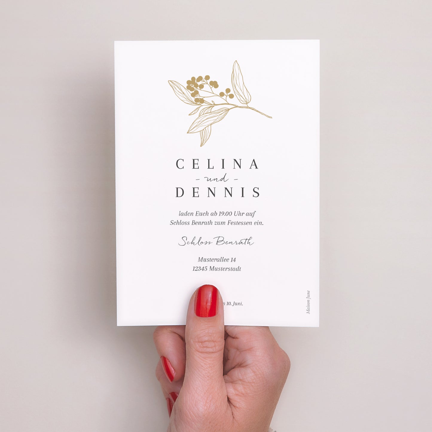 Einladungskarte Hochzeit Porträt Goldene Blumenmuster foto N° 3