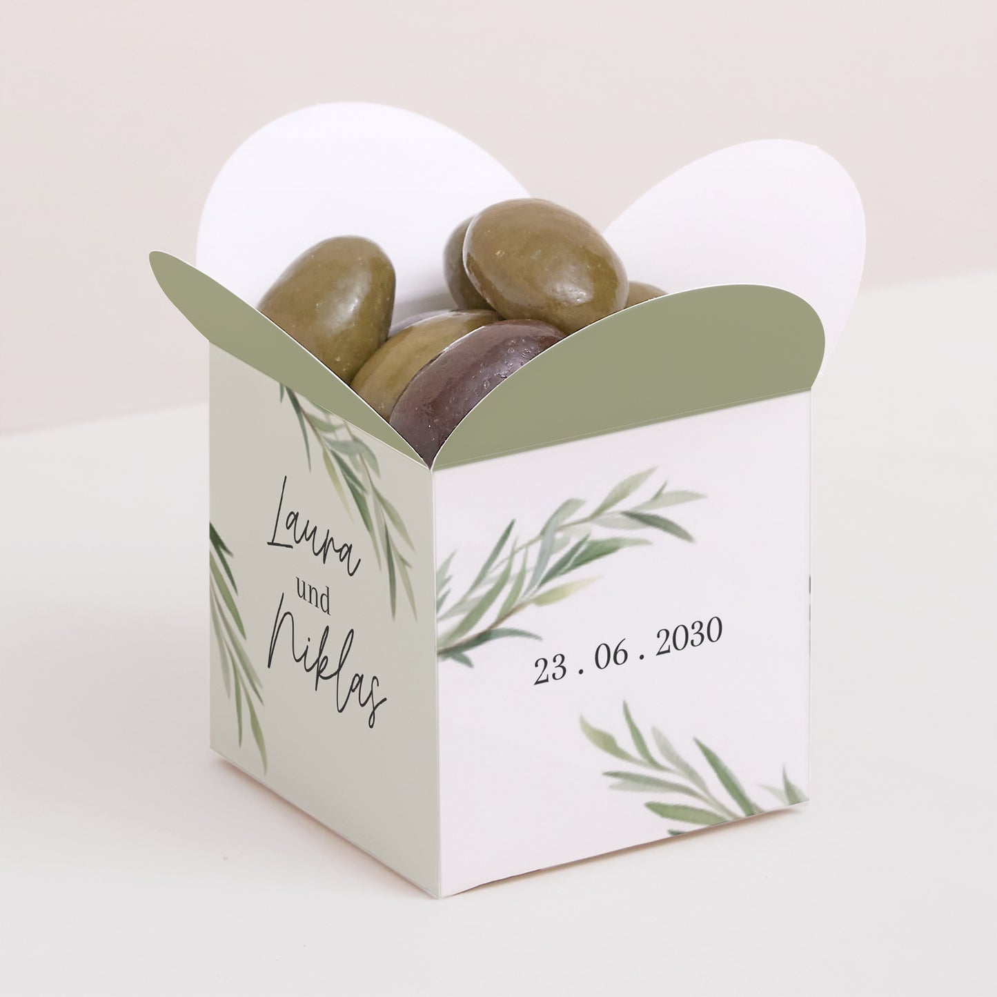 Geschenkbox Hochzeit Schmetterlingsöffnung Olivenblätter foto N° 1