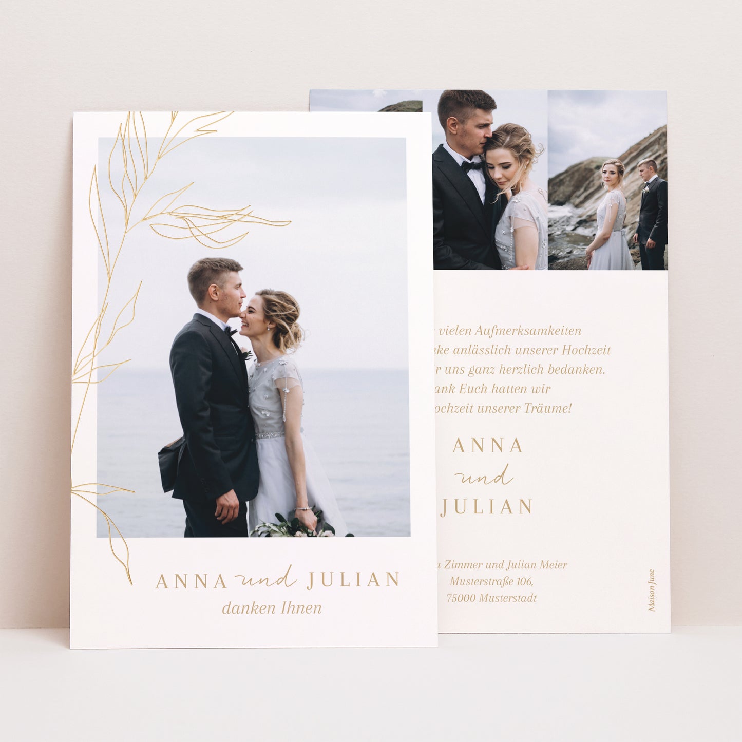 Dankeskarte Hochzeit PortraitPorträt schlichtes Laub goldfarben foto N° 1