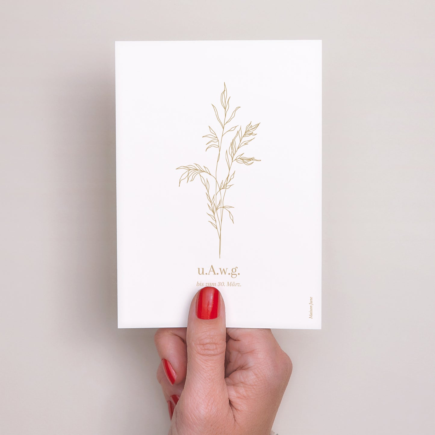 Einladungskarte Hochzeit Porträt schlichtes Laub goldfarben foto N° 3