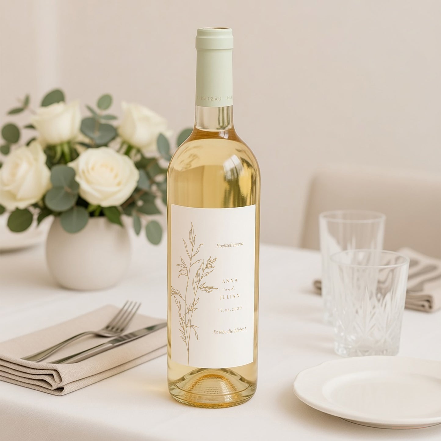 Flaschenetikett Hochzeit Porträt schlichtes Laub goldfarben foto N° 2
