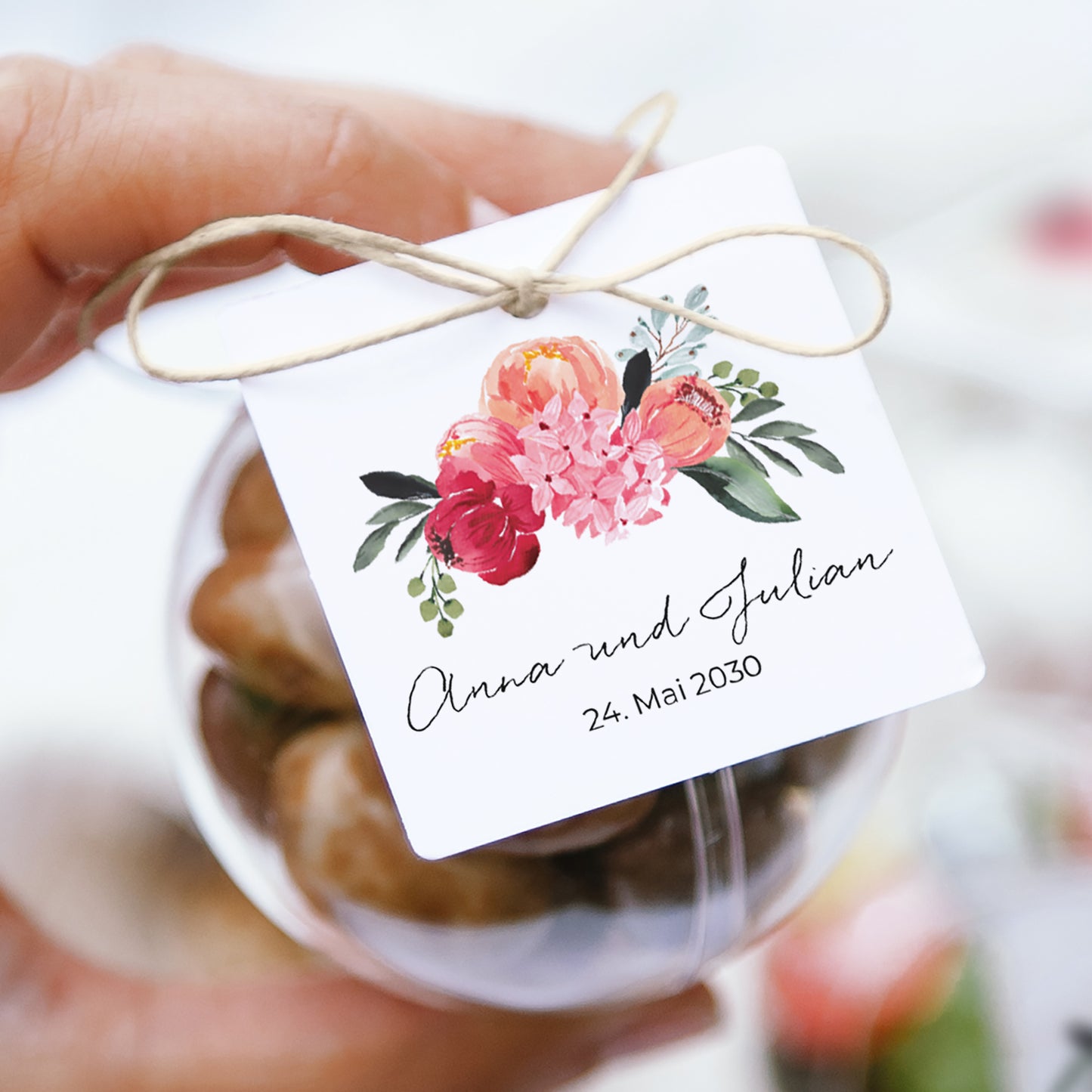 Geschenkbox Hochzeit Kugel mit quadratischem Etikett 2CV mit Blumen foto N° 1