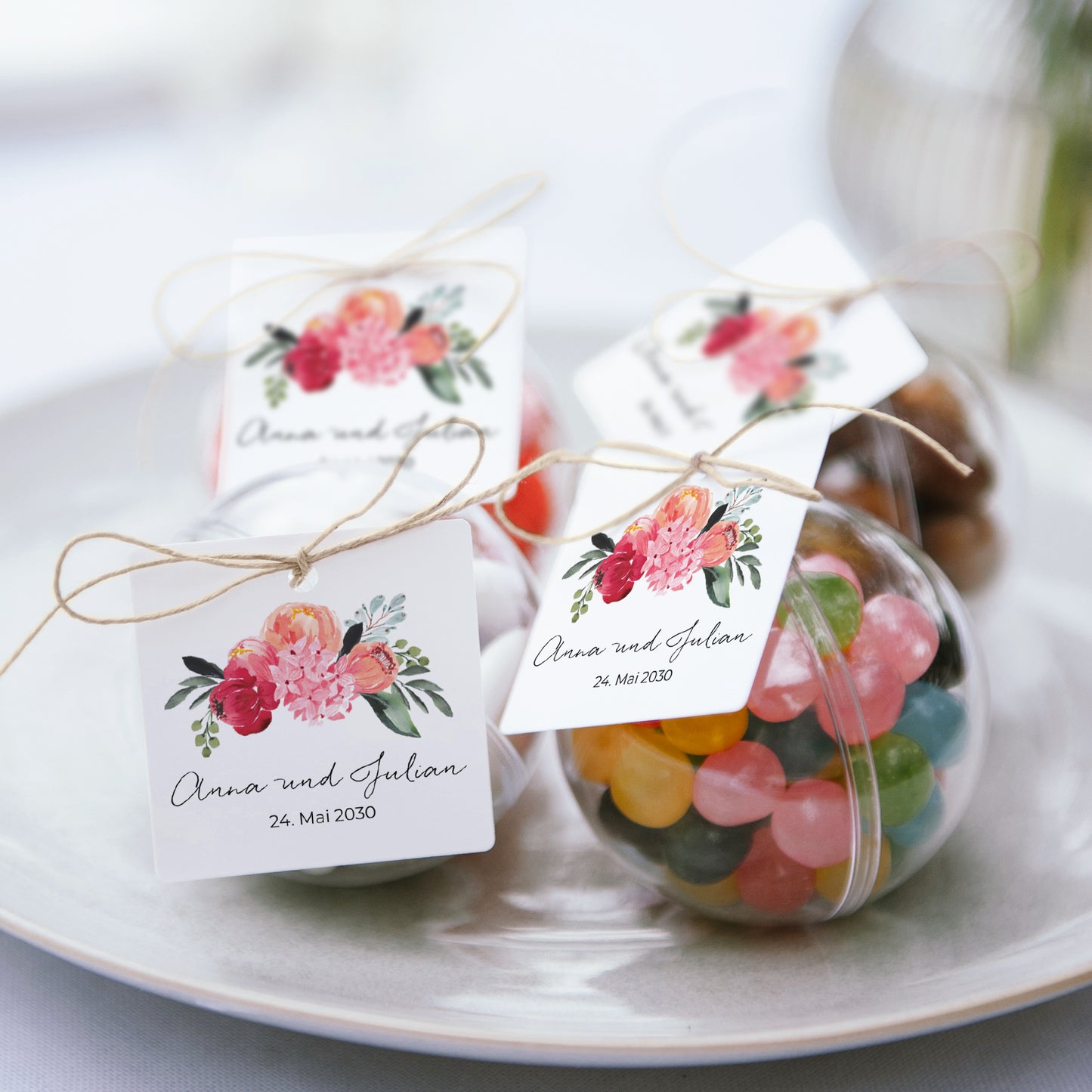 Geschenkbox Hochzeit Kugel mit quadratischem Etikett 2CV mit Blumen foto N° 2