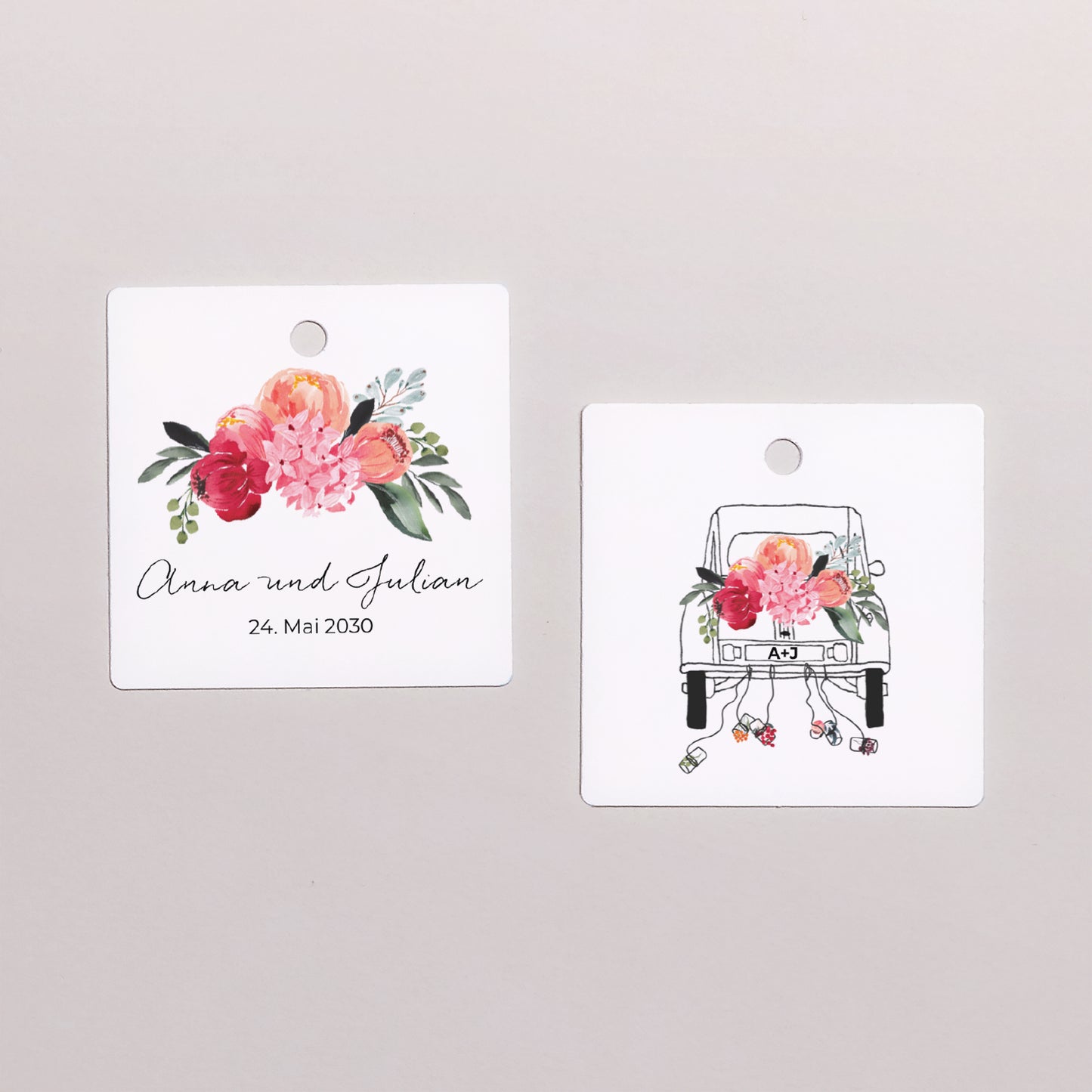 Geschenkbox Hochzeit Kugel mit quadratischem Etikett 2CV mit Blumen foto N° 3